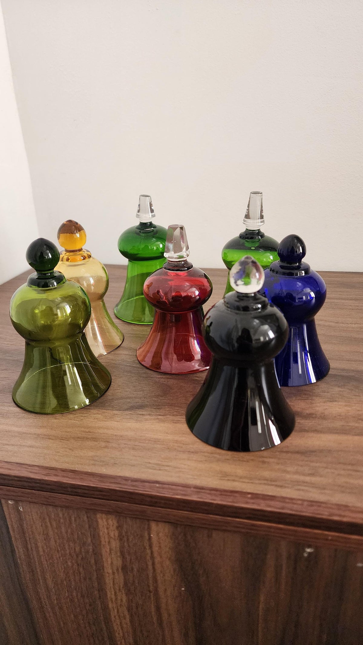 Vintage Hand Blown Glass Candle Snuffer, Mid Century Color Art Glass, vintage ornaments, Sculptural Modern Candle Accessory
