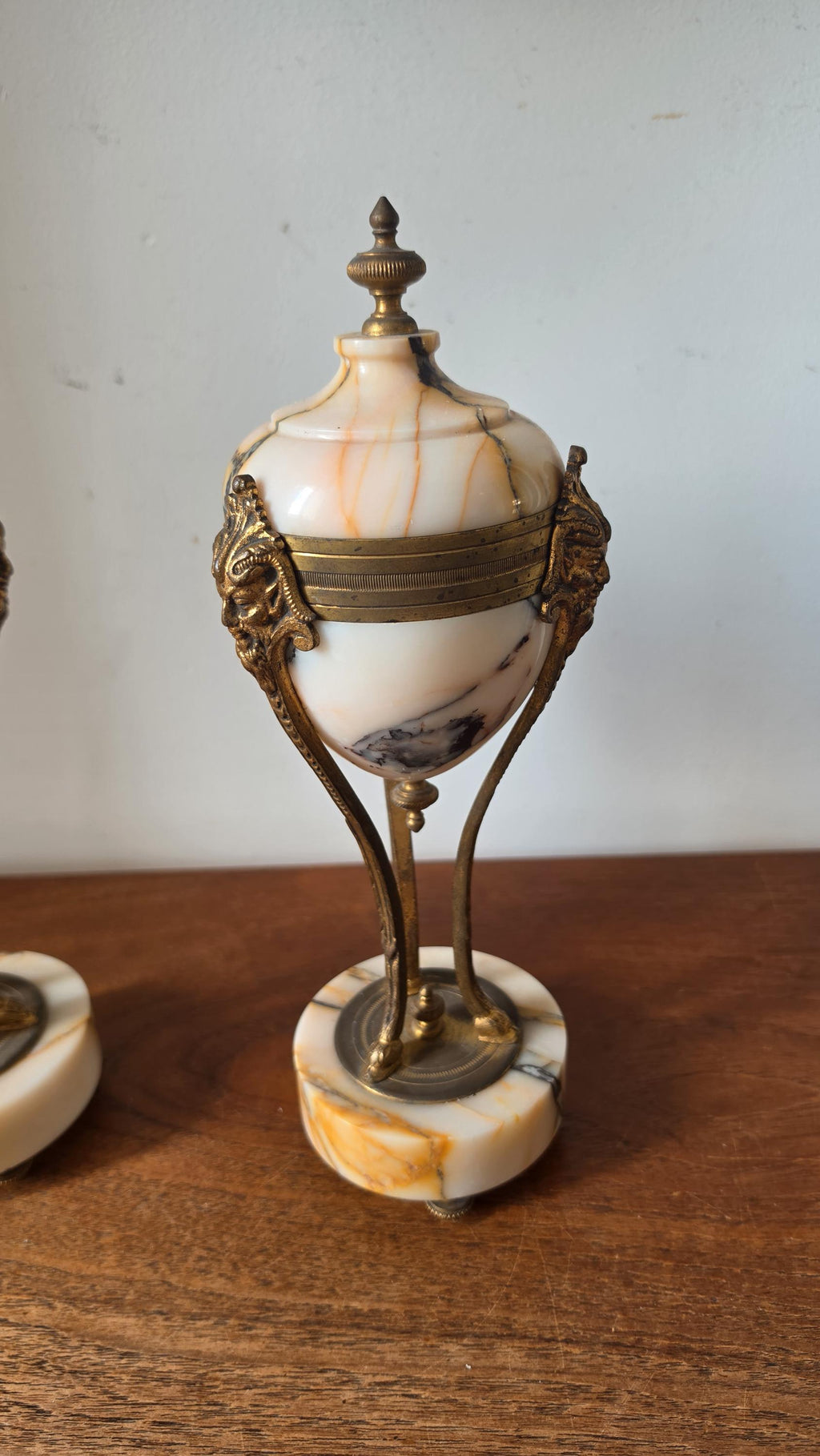 Pair Antique French Marble & Bronze Urns Neoclassical Cassolettes Empire Garniture Mantel Decor Lidded Decorative Urns - Image 10