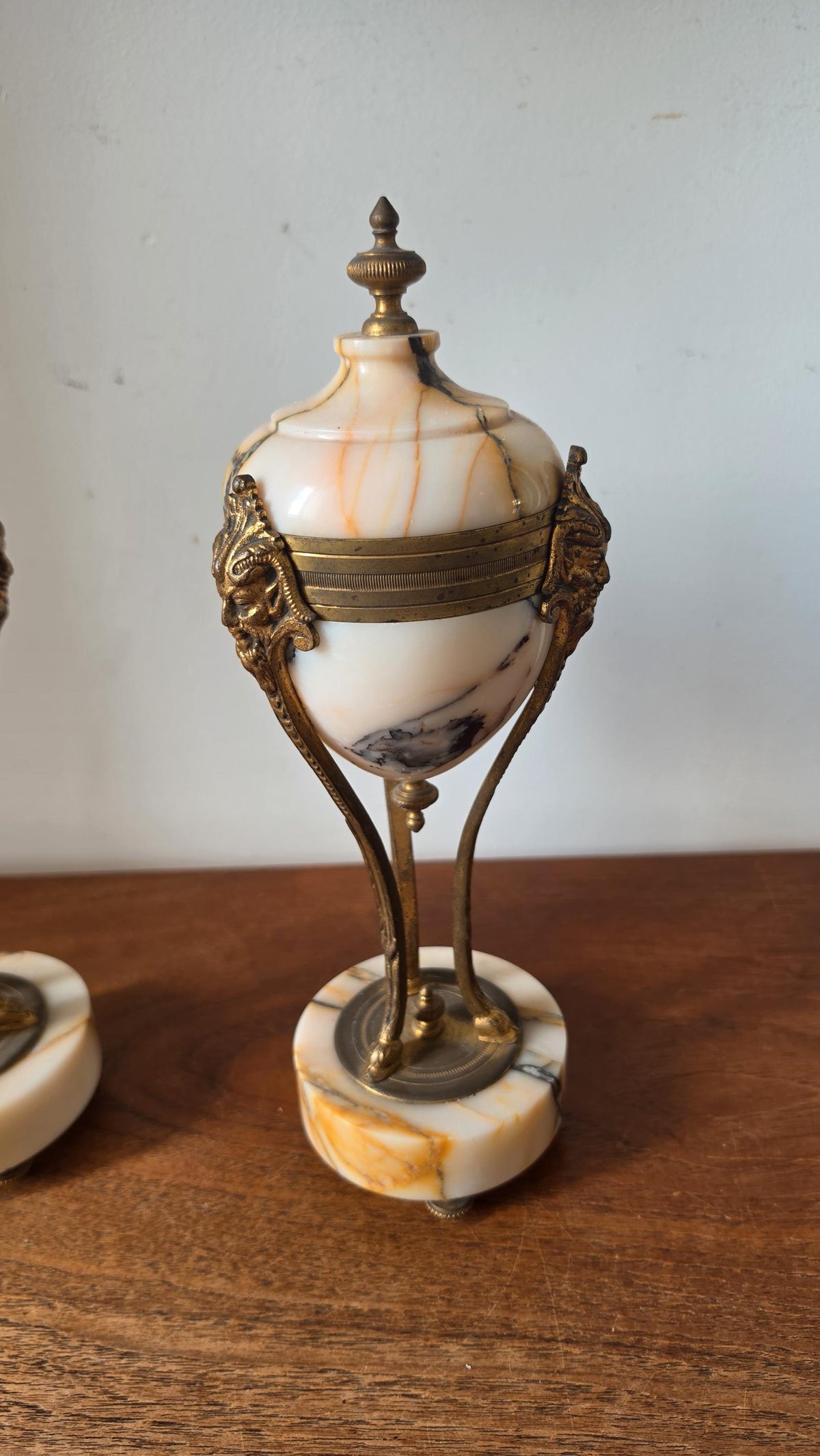Pair Antique French Marble & Bronze Urns Neoclassical Cassolettes Empire Garniture Mantel Decor Lidded Decorative Urns - Image 10