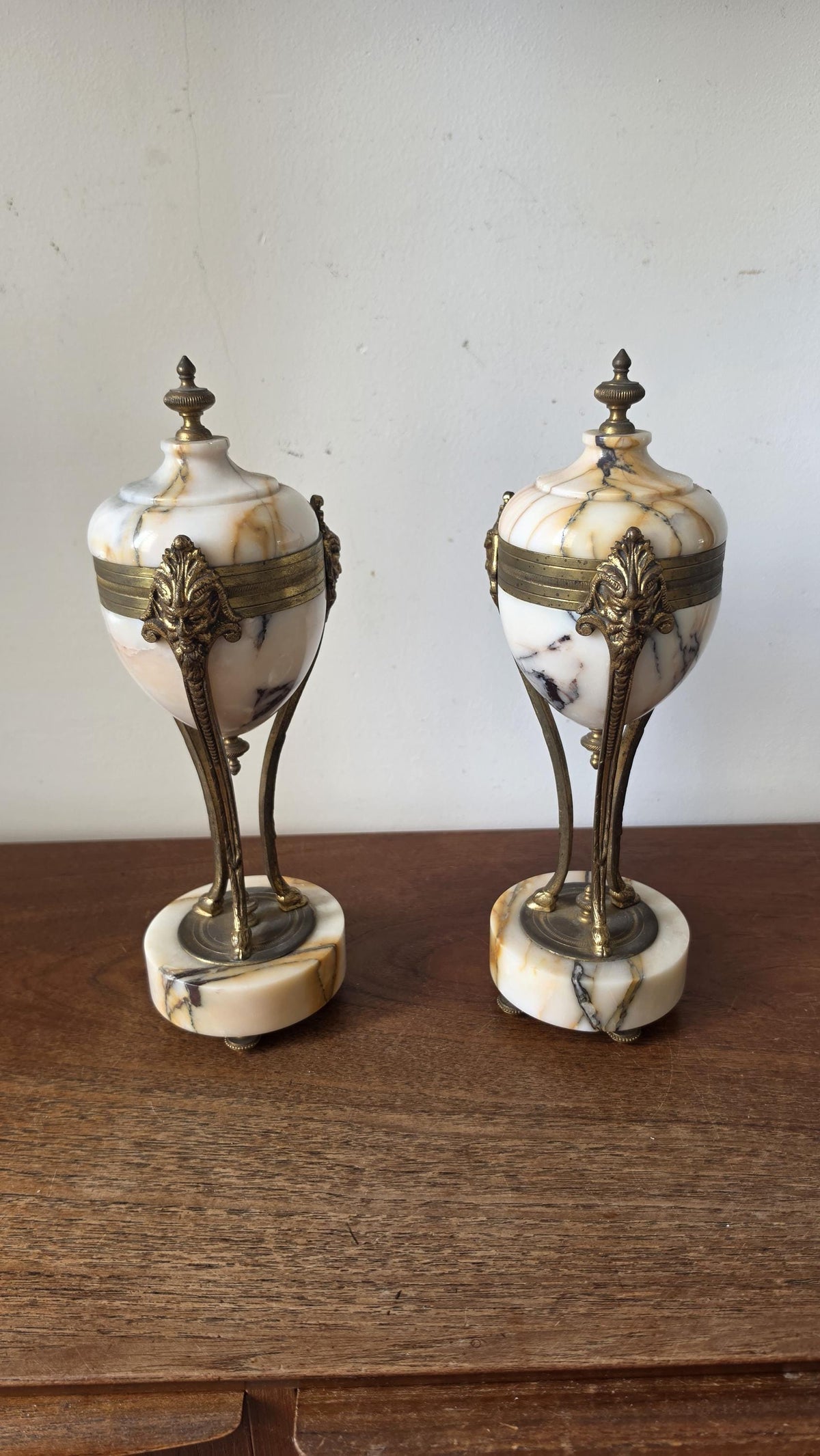 Pair Antique French Marble & Bronze Urns Neoclassical Cassolettes Empire Garniture Mantel Decor Lidded Decorative Urns - Image 3