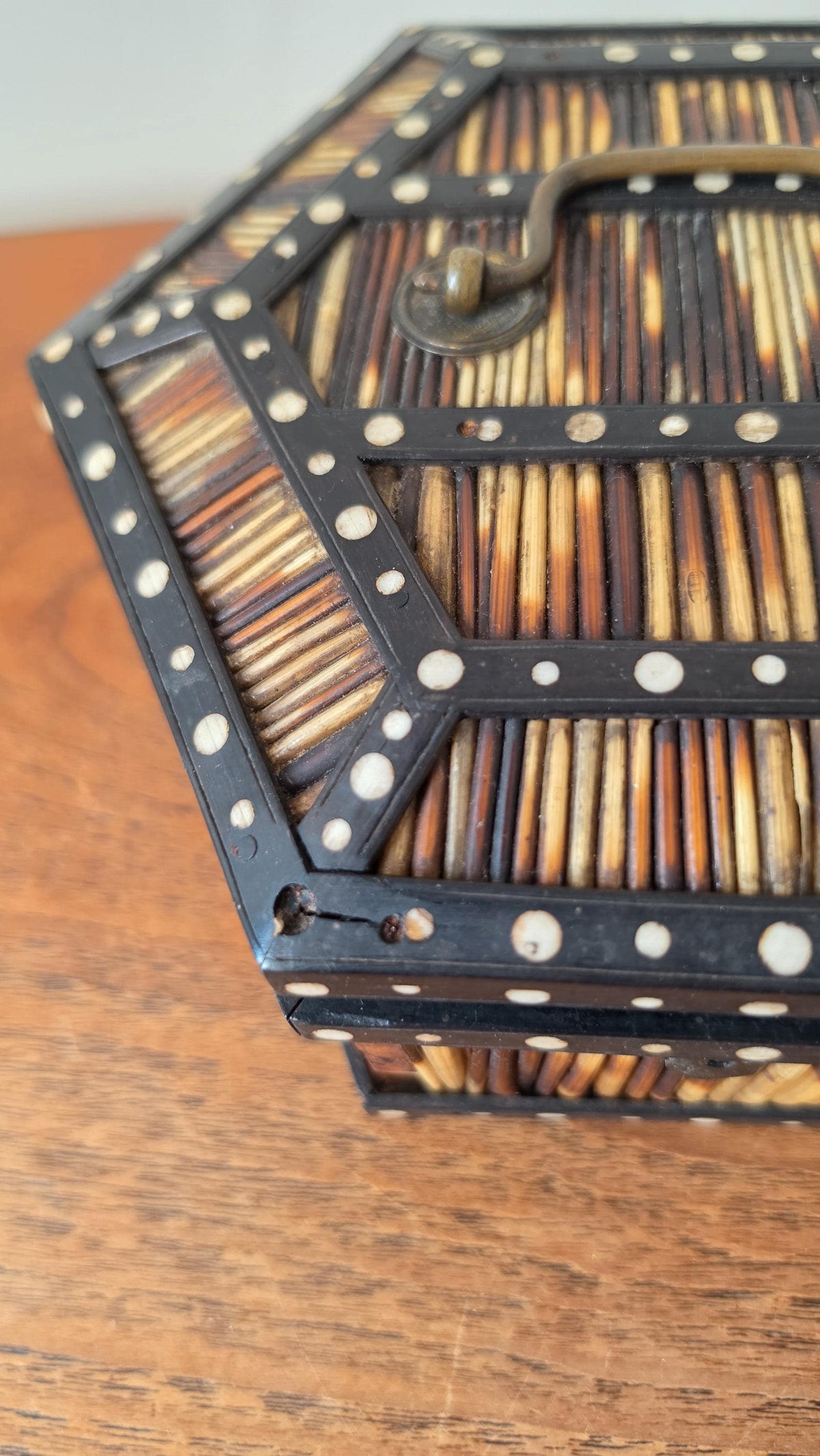 Antique 19th Century Ceylonese Porcupine Quill Box Sri Lanka Hexagonal Bone Inlay Casket - Image 8