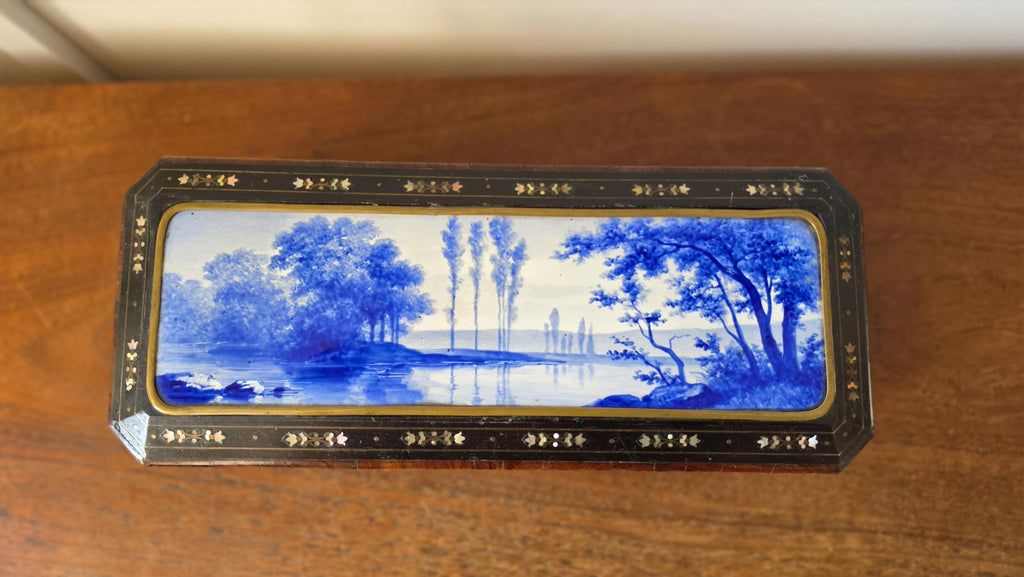 Antique Victorian Jewelry Box Blue Porcelain Landscape Inlay Mother of Pearl Marquetry Wood Trinket Casket - Image 15
