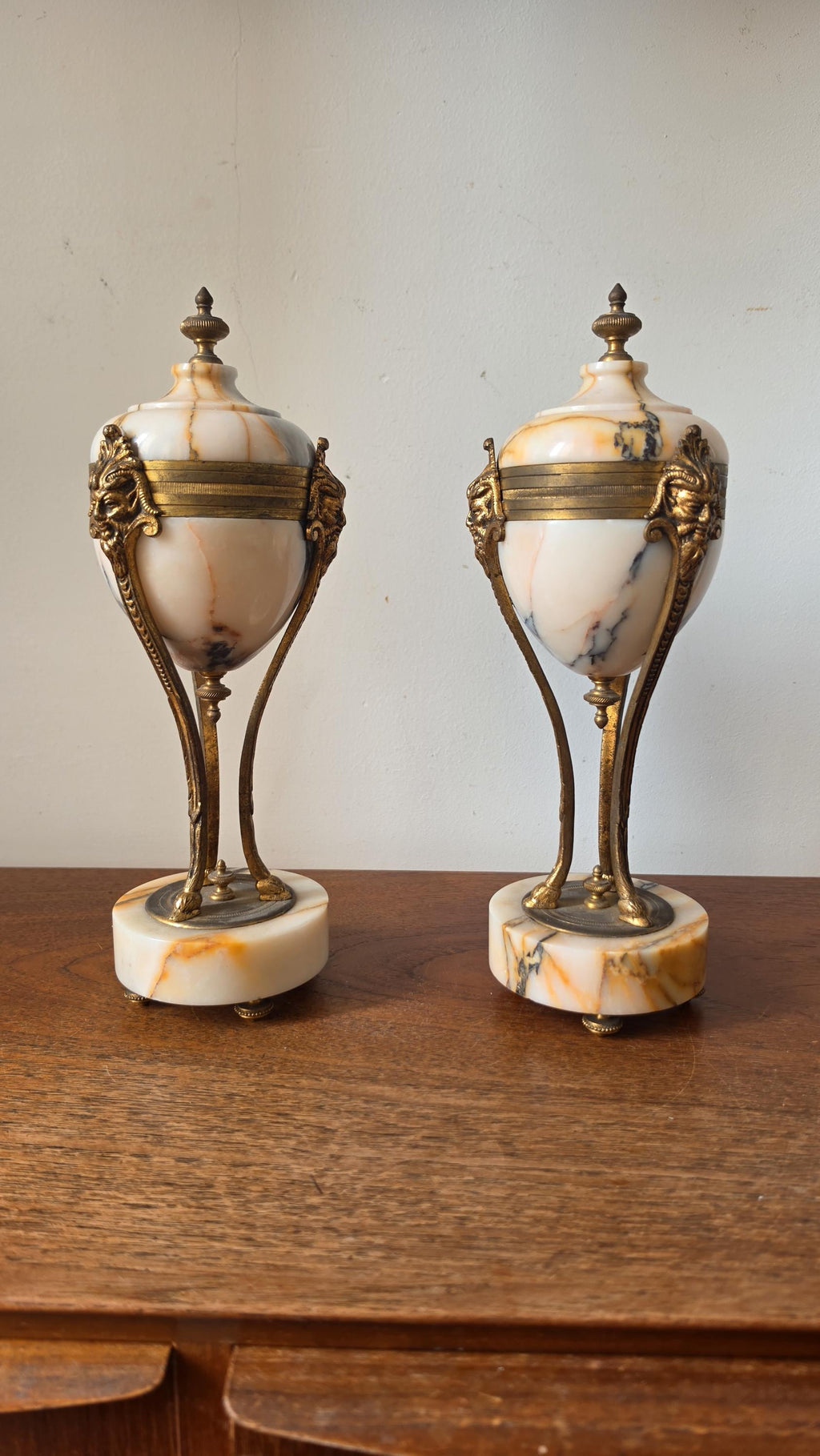 Pair Antique French Marble & Bronze Urns Neoclassical Cassolettes Empire Garniture Mantel Decor Lidded Decorative Urns - Image 12