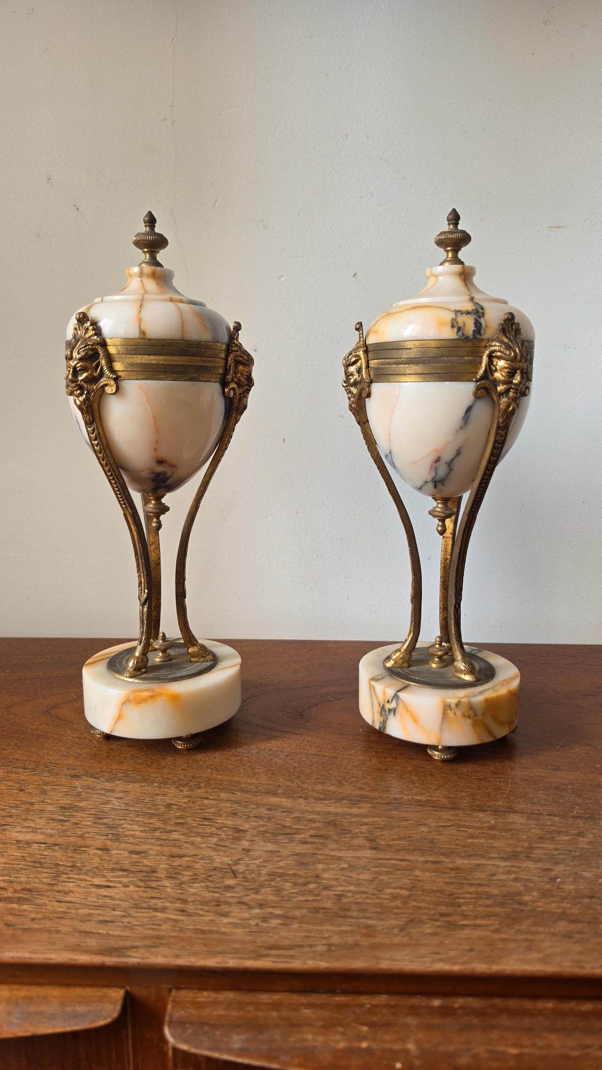 Pair Antique French Marble & Bronze Urns Neoclassical Cassolettes Empire Garniture Mantel Decor Lidded Decorative Urns - Image 12