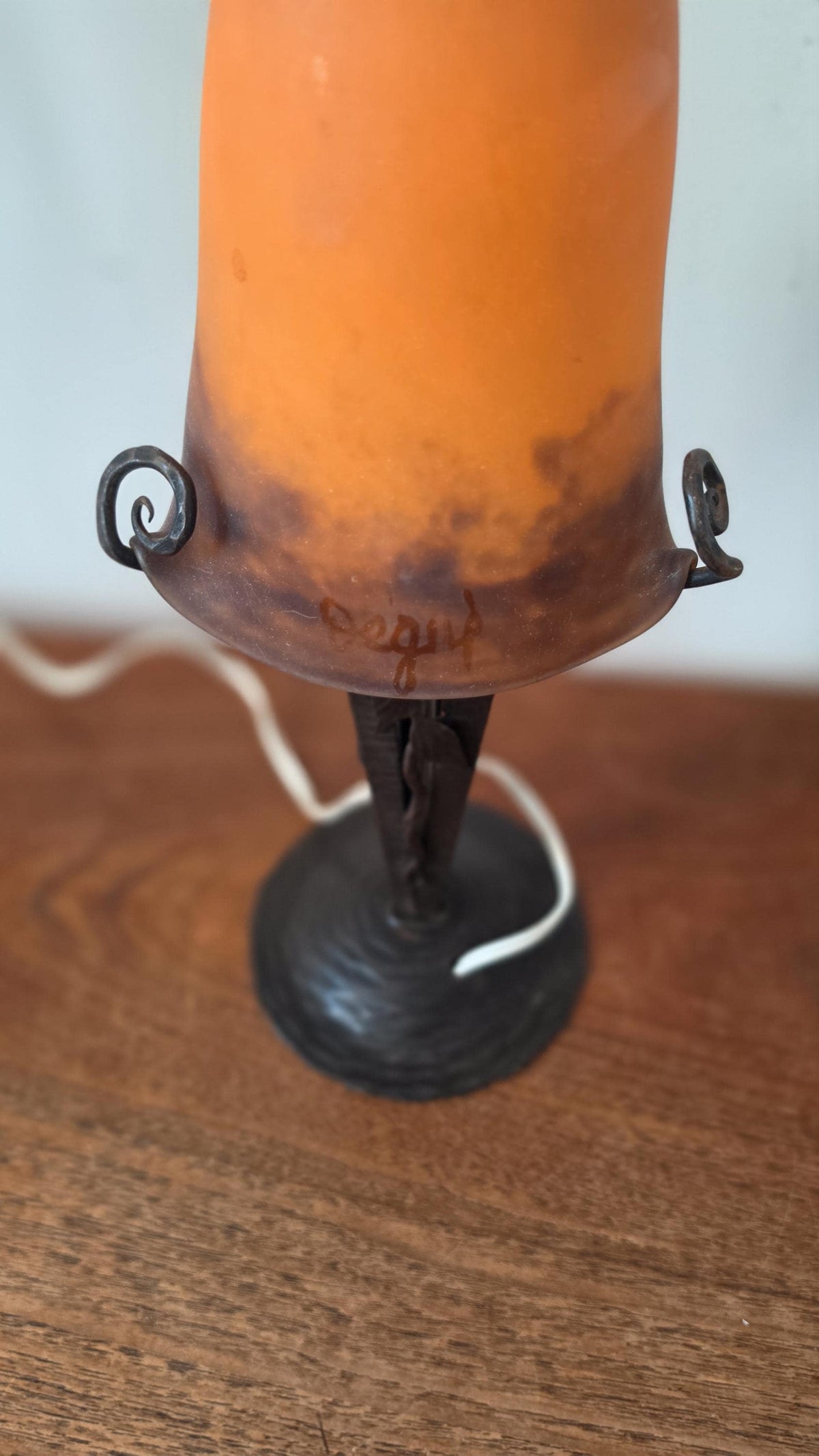 Degué Art Deco Table Lamp 1930s Signed French Glass Wrought Iron Orange Accent Light Antique French Lighting - Image 4
