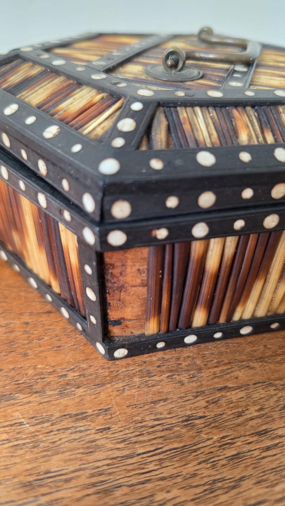 Antique 19th Century Ceylonese Porcupine Quill Box Sri Lanka Hexagonal Bone Inlay Casket - Image 12