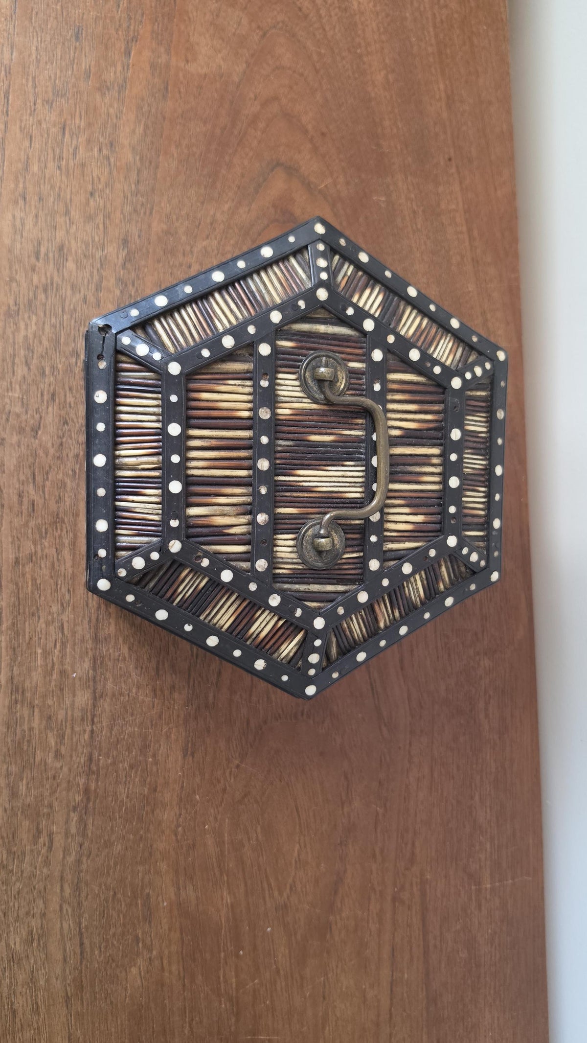 Antique 19th Century Ceylonese Porcupine Quill Box Sri Lanka Hexagonal Bone Inlay Casket - Image 7