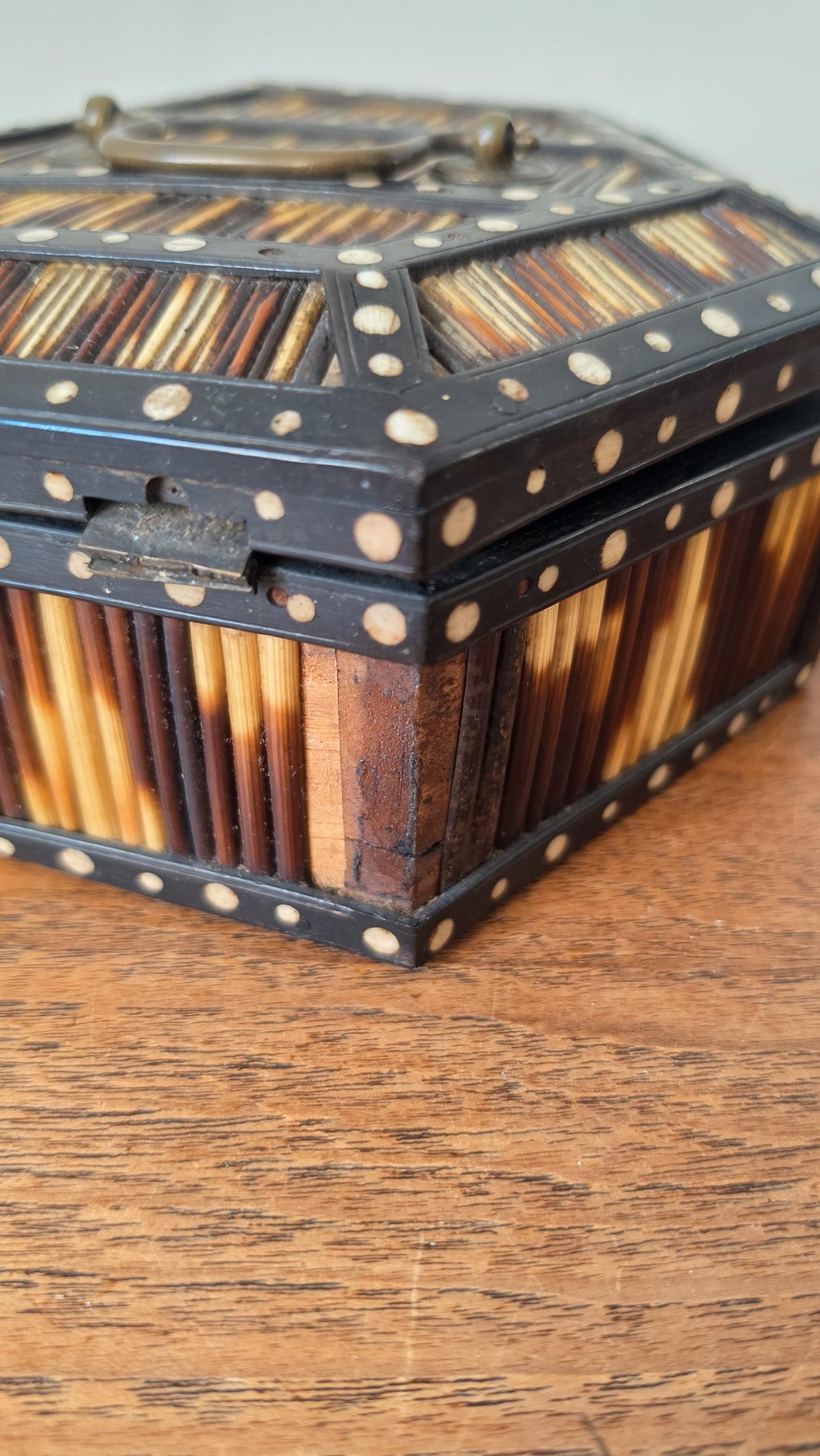 Antique 19th Century Ceylonese Porcupine Quill Box Sri Lanka Hexagonal Bone Inlay Casket - Image 10