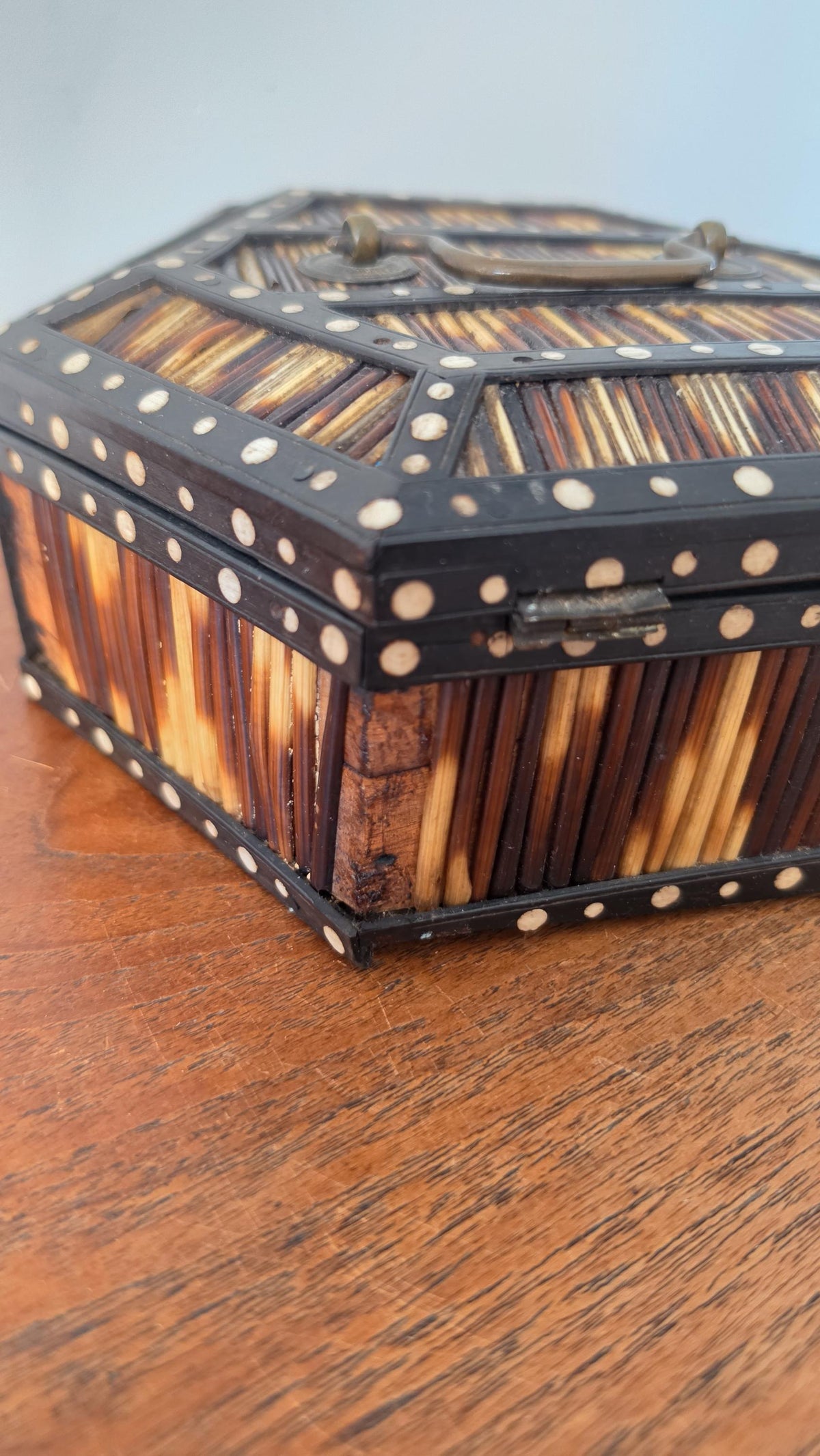 Antique 19th Century Ceylonese Porcupine Quill Box Sri Lanka Hexagonal Bone Inlay Casket - Image 11