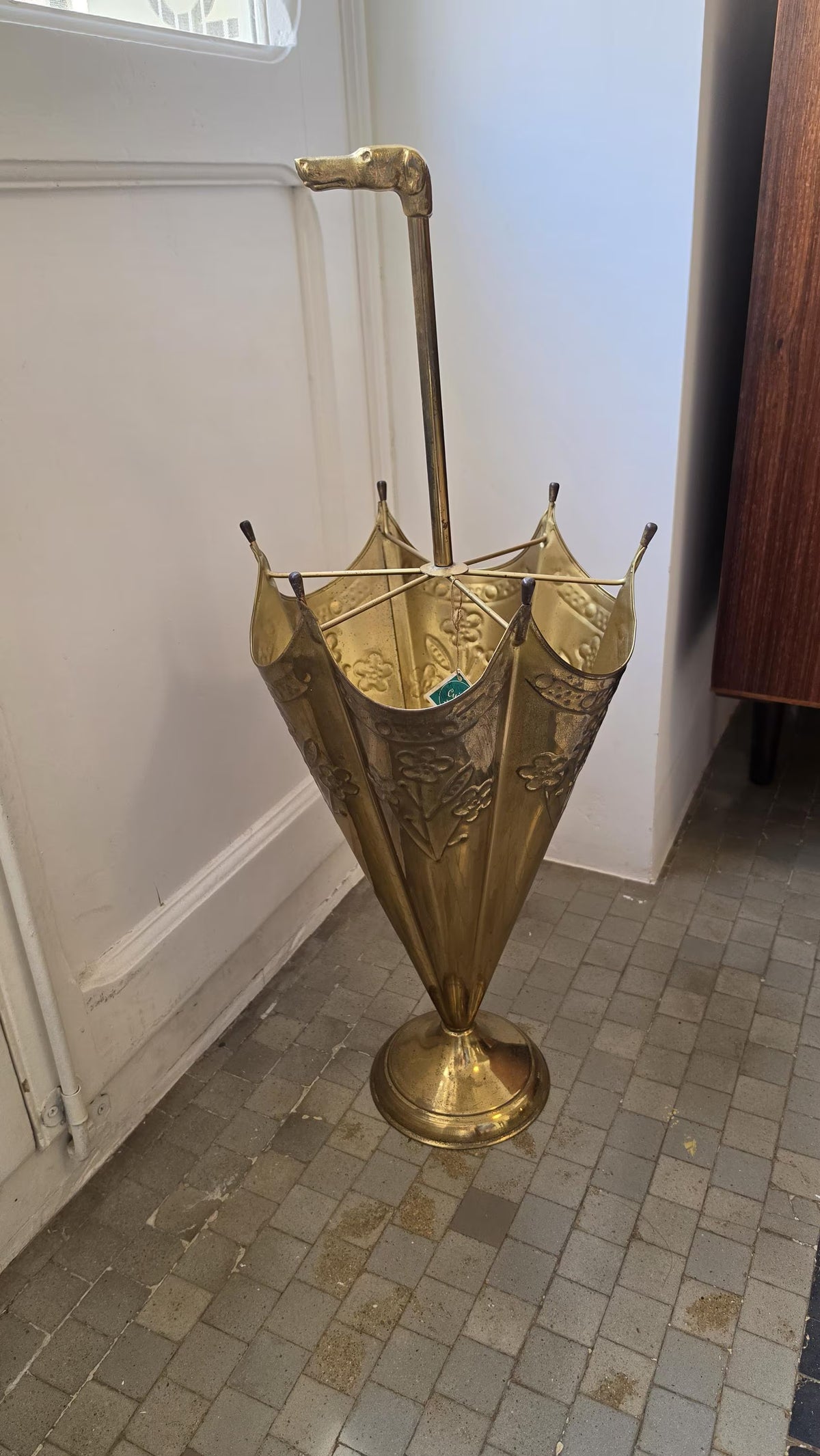 Vintage Brass Umbrella Stand Parasol Form with Elephant Handle Embossed Floral Walking Cane Holder Entryway Decor - Image 3