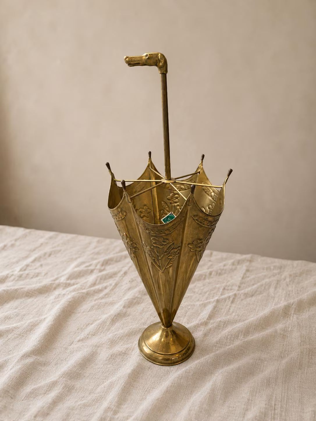 Vintage Brass Umbrella Stand Parasol Form with Elephant Handle Embossed Floral Walking Cane Holder Entryway Decor - Image 1