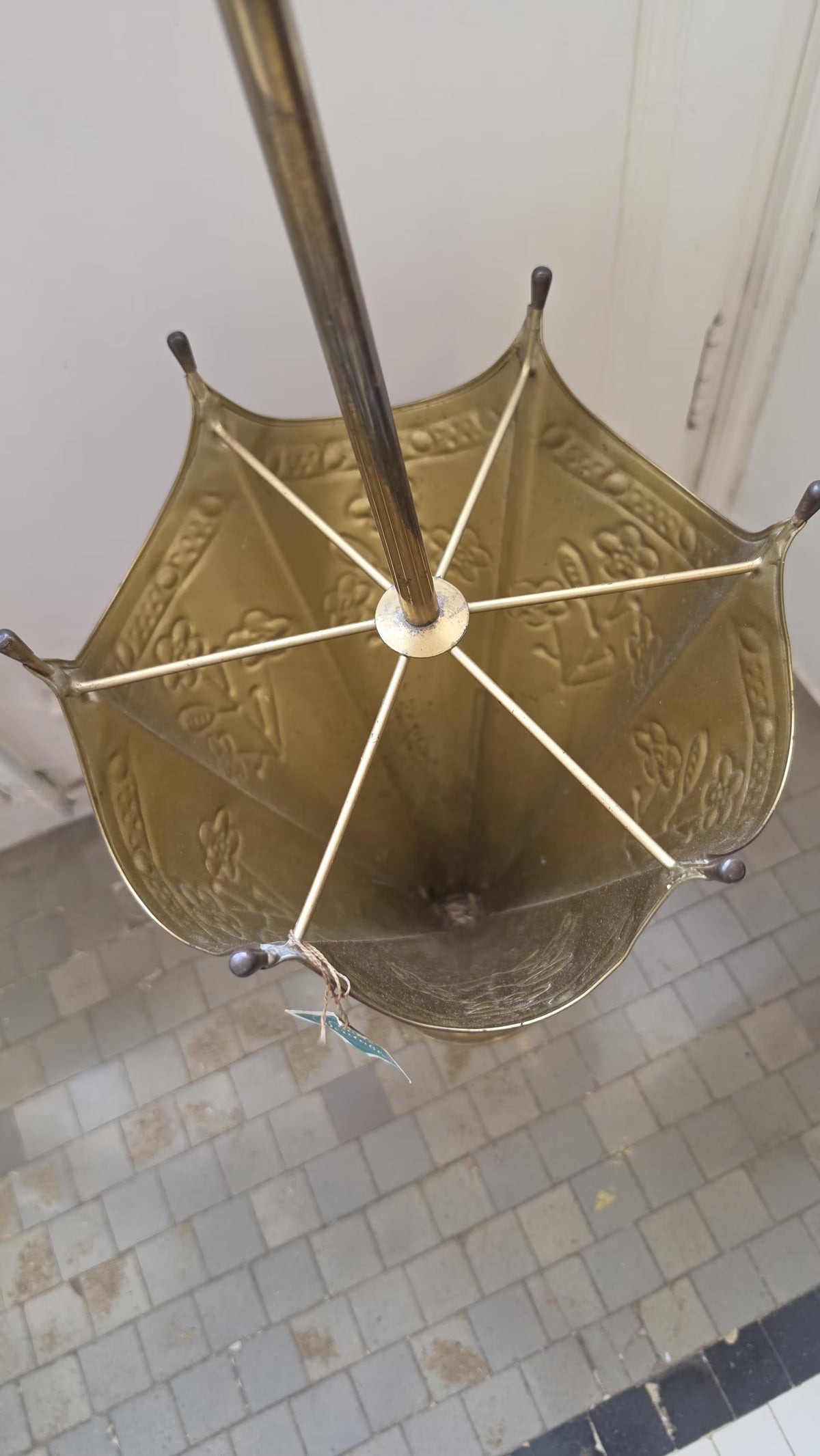 Vintage Brass Umbrella Stand Parasol Form with Elephant Handle Embossed Floral Walking Cane Holder Entryway Decor - Image 5