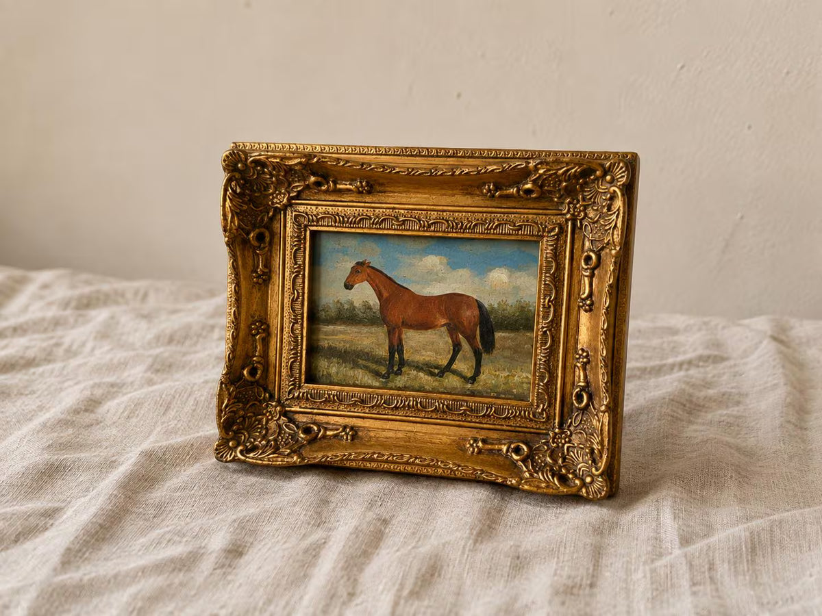 Vintage Horse Oil Painting Framed Equestrian Art Brown Horse Portrait Ornate Gold Frame English Country Wall Decor - Image 1