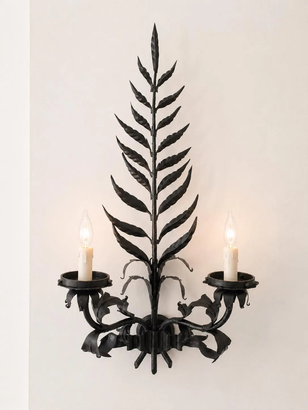 Vintage Italian Tole Wall Sconce Black Metal Botanical Light Double Arm Leaf Floral Hollywood Regency Mid Century Statement Lighting - Image 1