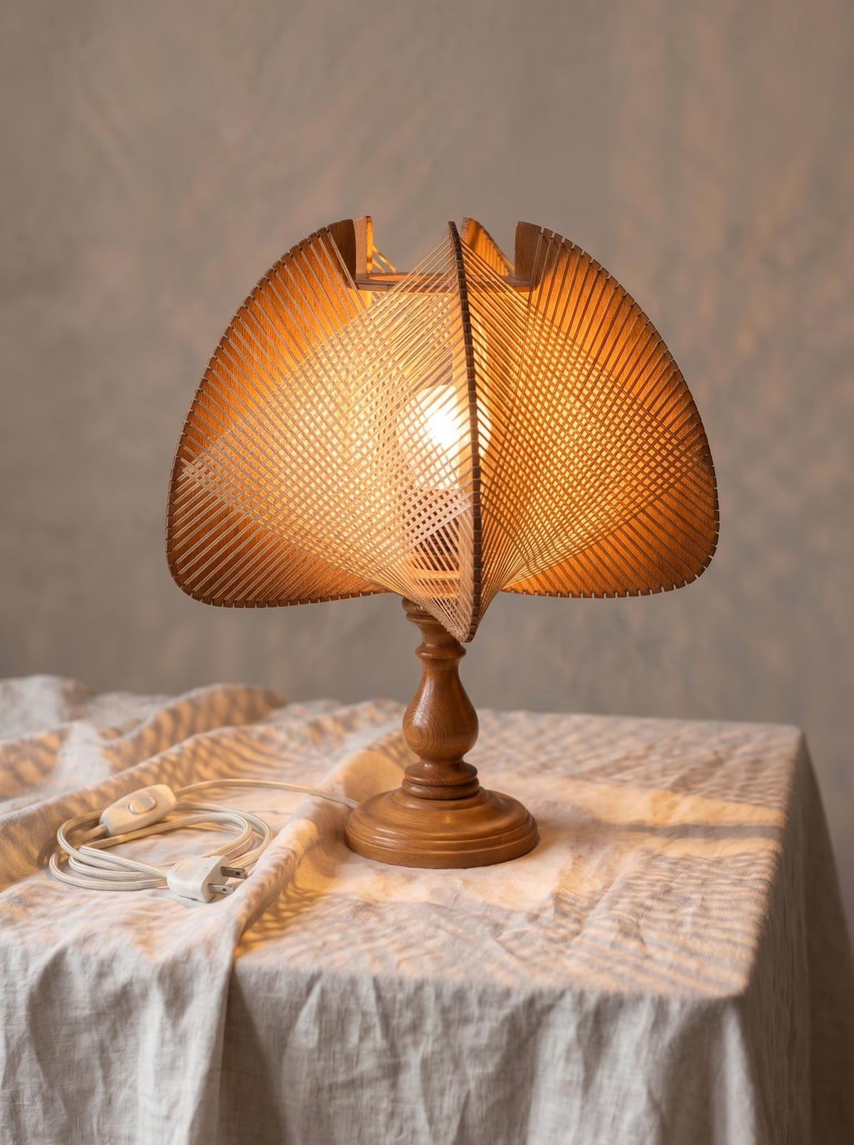 Vintage Mid Century String Art Table Lamp Wooden Geometric Shade Atomic Modernist Lighting Retro Bedside Accent Lamp MCM Home Decor - Image 1