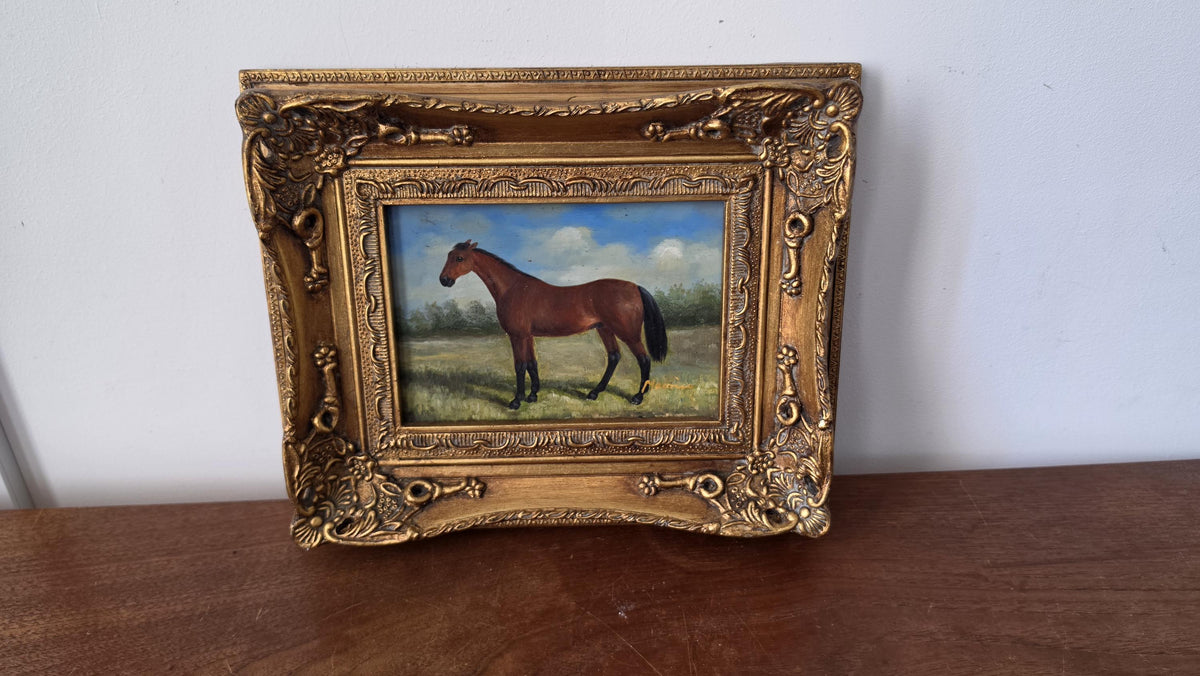 Vintage Horse Oil Painting Framed Equestrian Art Brown Horse Portrait Ornate Gold Frame English Country Wall Decor - Image 3