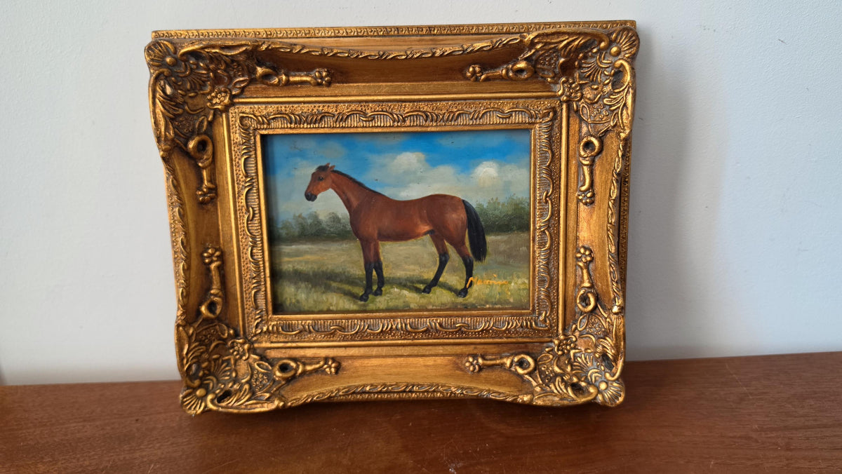 Vintage Horse Oil Painting Framed Equestrian Art Brown Horse Portrait Ornate Gold Frame English Country Wall Decor - Image 4