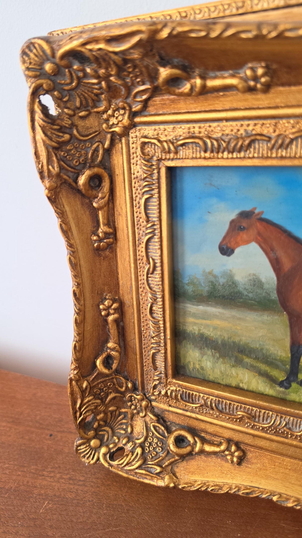 Vintage Horse Oil Painting Framed Equestrian Art Brown Horse Portrait Ornate Gold Frame English Country Wall Decor - Image 5
