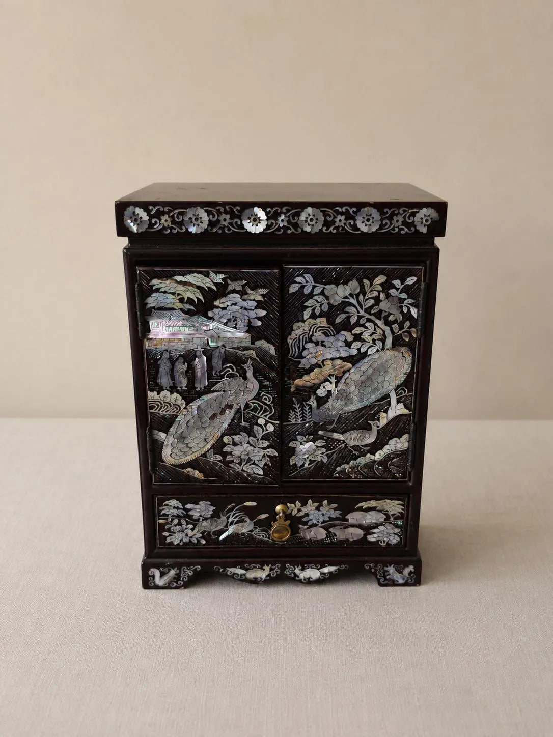 Vintage Chinese Mother of Pearl Jewelry Cabinet Lacquer Wood Inlaid Peacock Bird Miniature Chest Drawers Asian Decor - Image 1