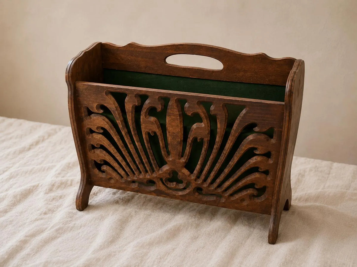 Vintage Art Nouveau Wood Magazine Rack Carved Newspaper Stand Canterbury Record Holder Mid Century Home Decor - Image 1