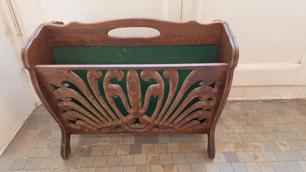 Vintage Art Nouveau Wood Magazine Rack Carved Newspaper Stand Canterbury Record Holder Mid Century Home Decor - Image 4