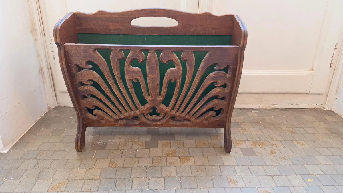Vintage Art Nouveau Wood Magazine Rack Carved Newspaper Stand Canterbury Record Holder Mid Century Home Decor - Image 3