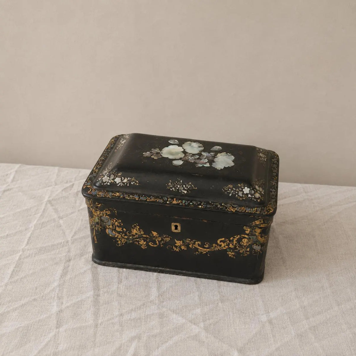 Antique Victorian Papier Mache Tea Caddy Mother of Pearl Inlay Black Lacquer Box Cut Crystal Mixing Bowl 19th Century - Image 1