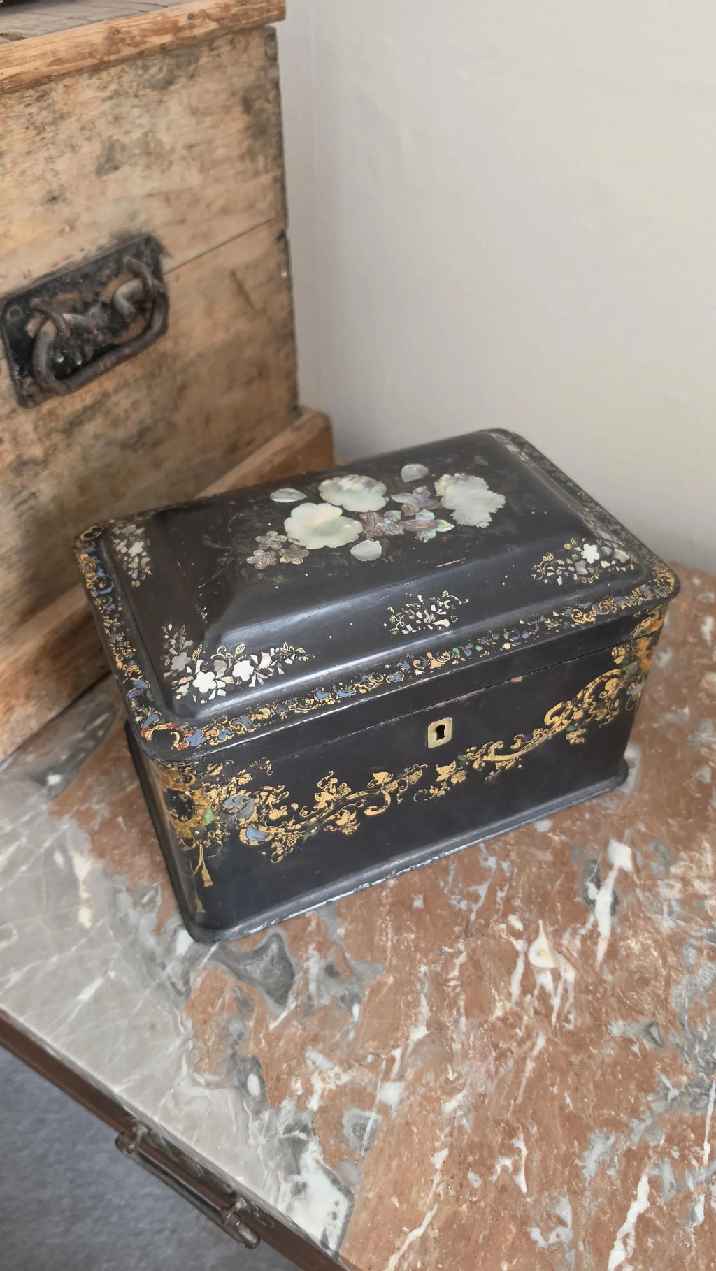 Antique Victorian Papier Mache Tea Caddy Mother of Pearl Inlay Black Lacquer Box Cut Crystal Mixing Bowl 19th Century - Image 3