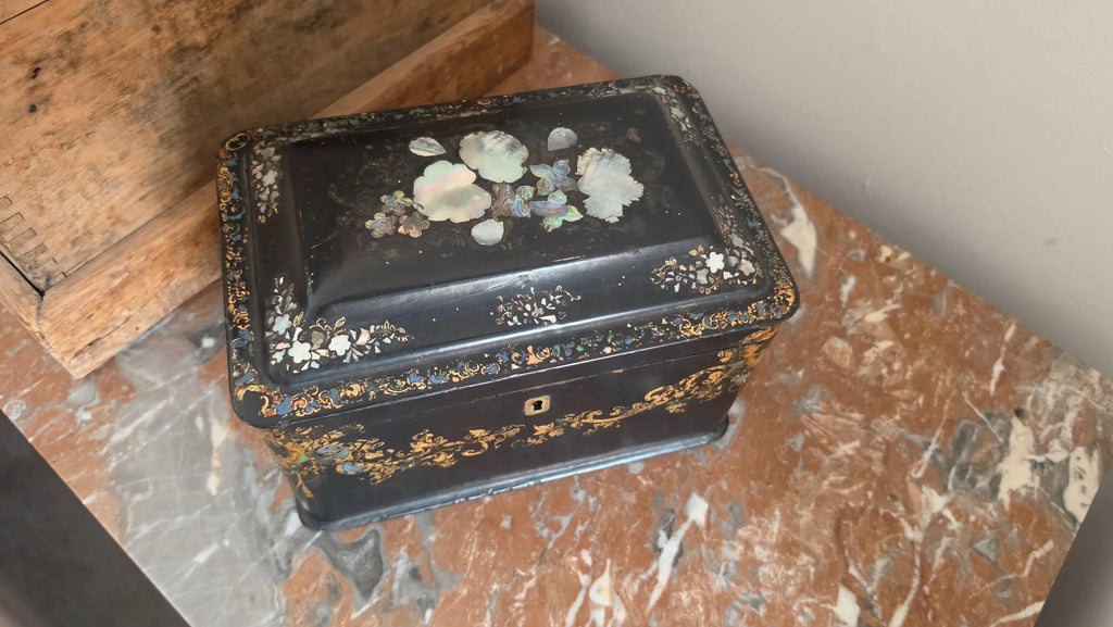 Antique Victorian Papier Mache Tea Caddy Mother of Pearl Inlay Black Lacquer Box Cut Crystal Mixing Bowl 19th Century - Image 4