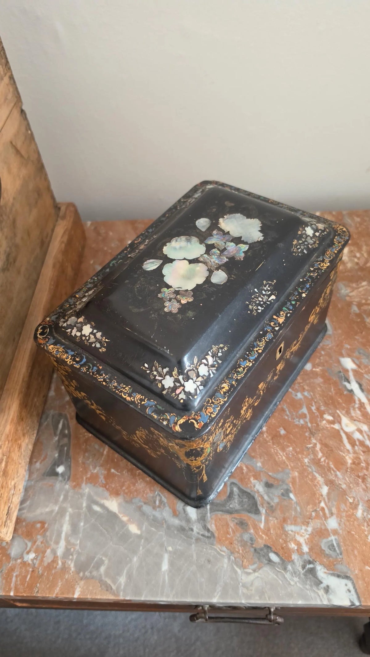 Antique Victorian Papier Mache Tea Caddy Mother of Pearl Inlay Black Lacquer Box Cut Crystal Mixing Bowl 19th Century - Image 5