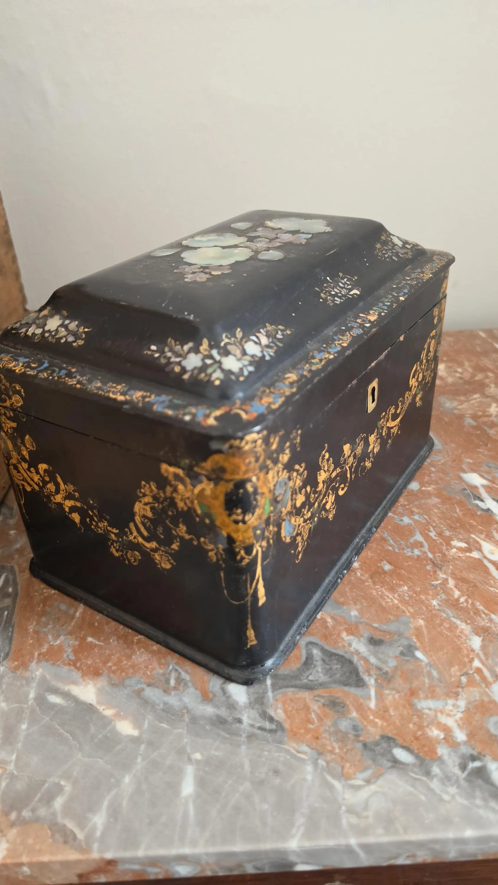 Antique Victorian Papier Mache Tea Caddy Mother of Pearl Inlay Black Lacquer Box Cut Crystal Mixing Bowl 19th Century - Image 6