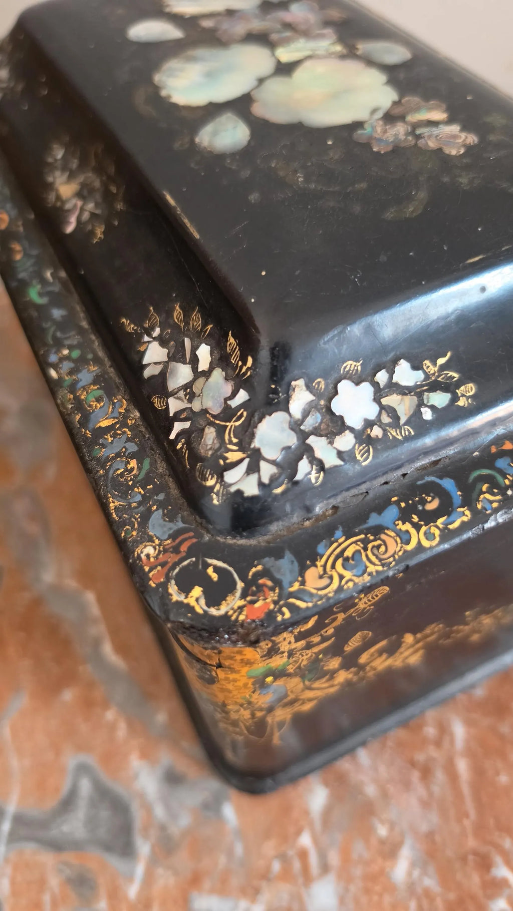 Antique Victorian Papier Mache Tea Caddy Mother of Pearl Inlay Black Lacquer Box Cut Crystal Mixing Bowl 19th Century - Image 8