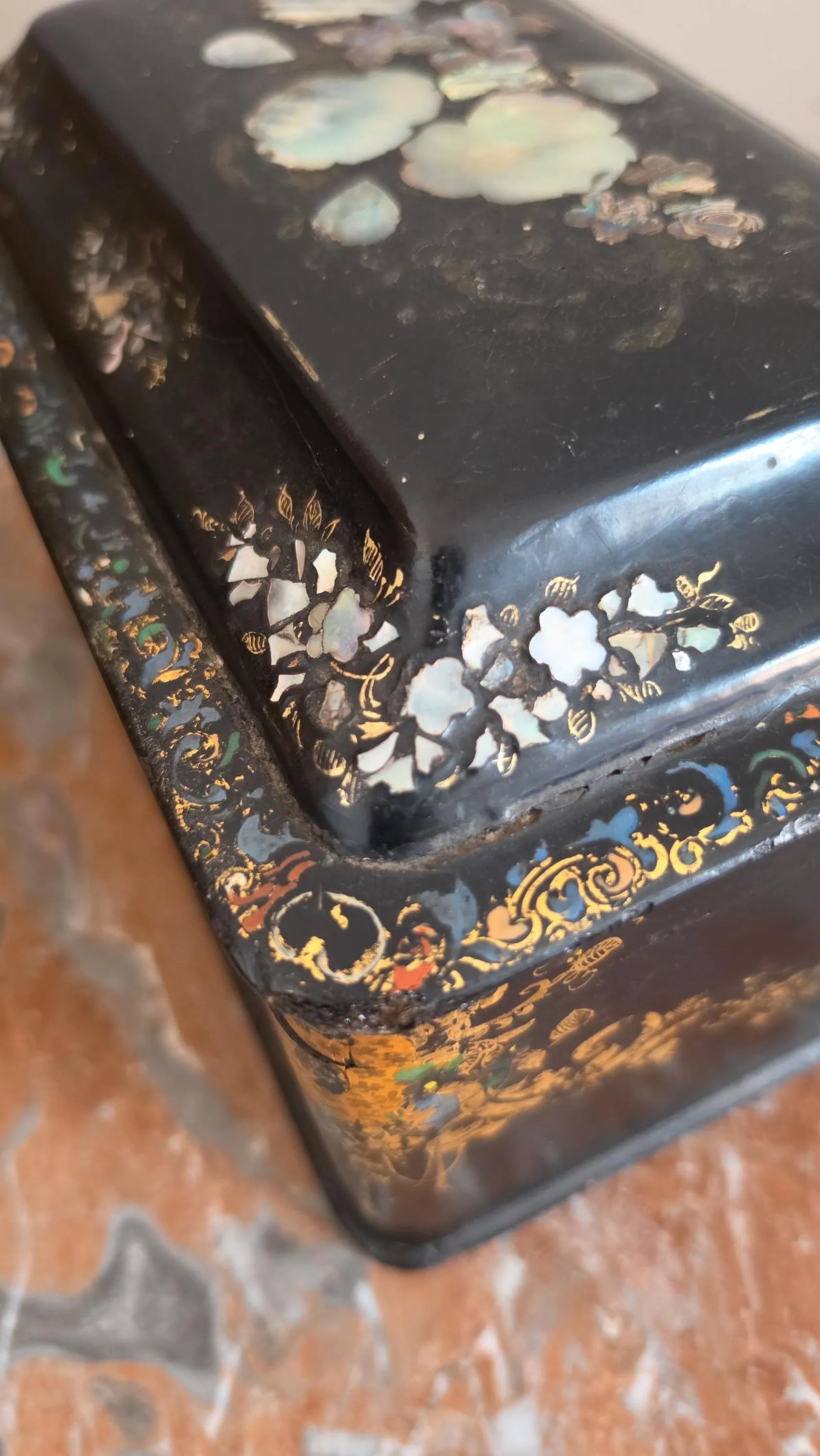 Antique Victorian Papier Mache Tea Caddy Mother of Pearl Inlay Black Lacquer Box Cut Crystal Mixing Bowl 19th Century - Image 8