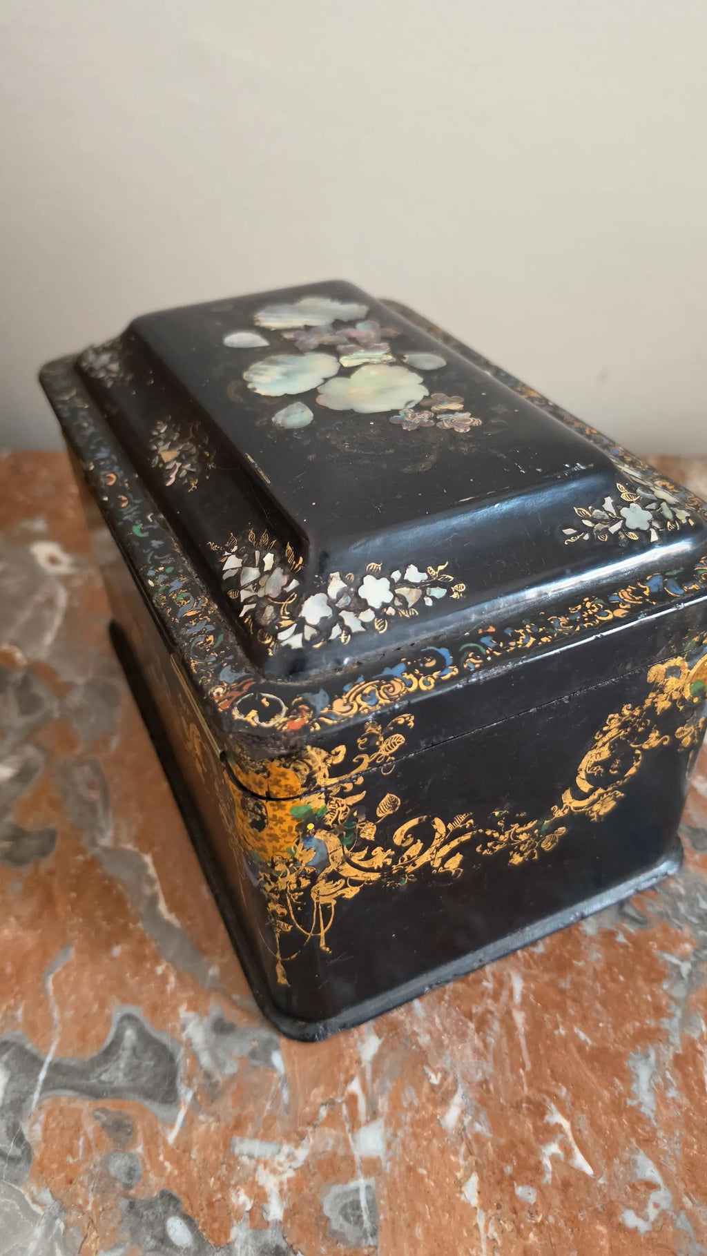 Antique Victorian Papier Mache Tea Caddy Mother of Pearl Inlay Black Lacquer Box Cut Crystal Mixing Bowl 19th Century - Image 7