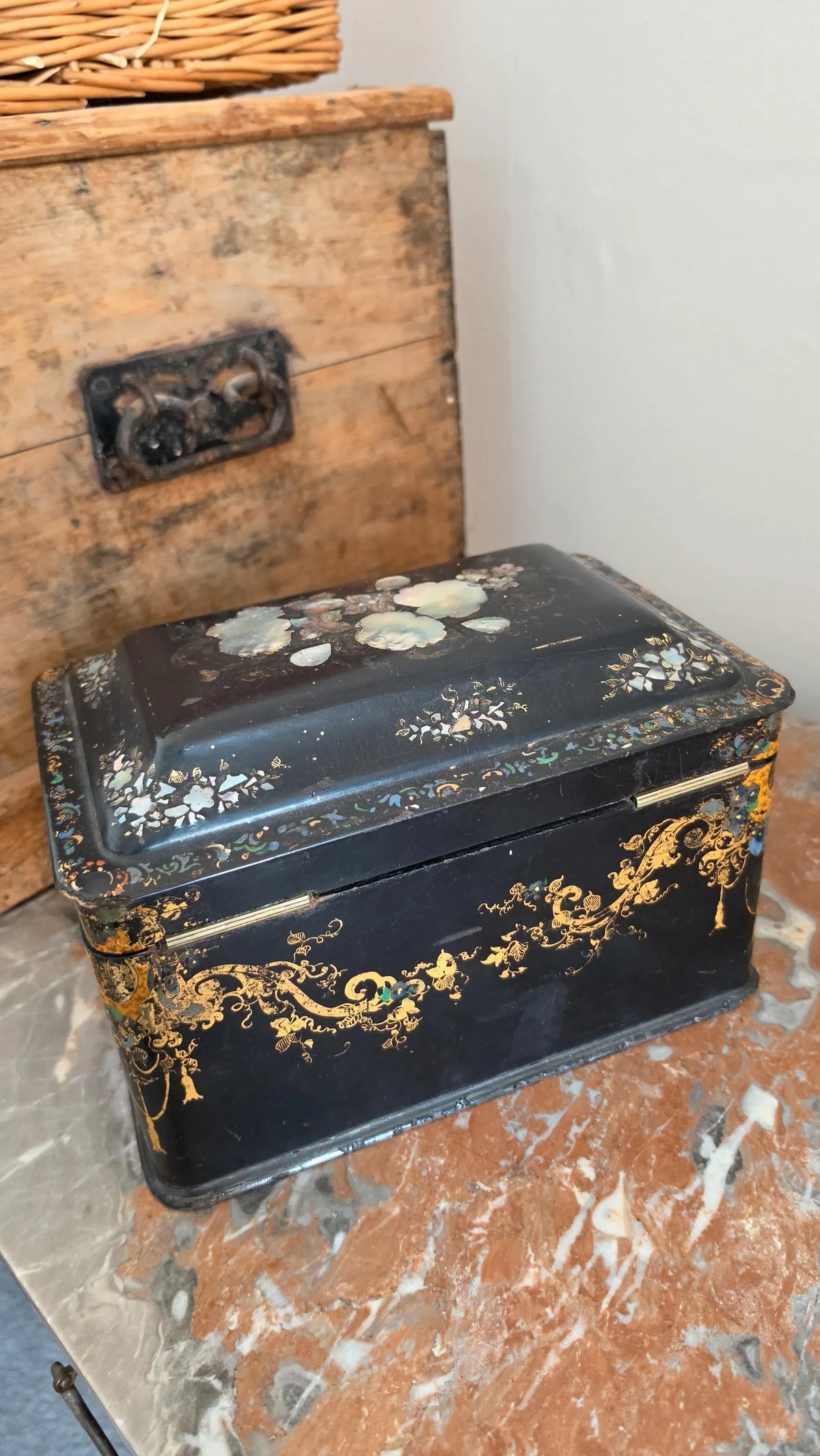 Antique Victorian Papier Mache Tea Caddy Mother of Pearl Inlay Black Lacquer Box Cut Crystal Mixing Bowl 19th Century - Image 9