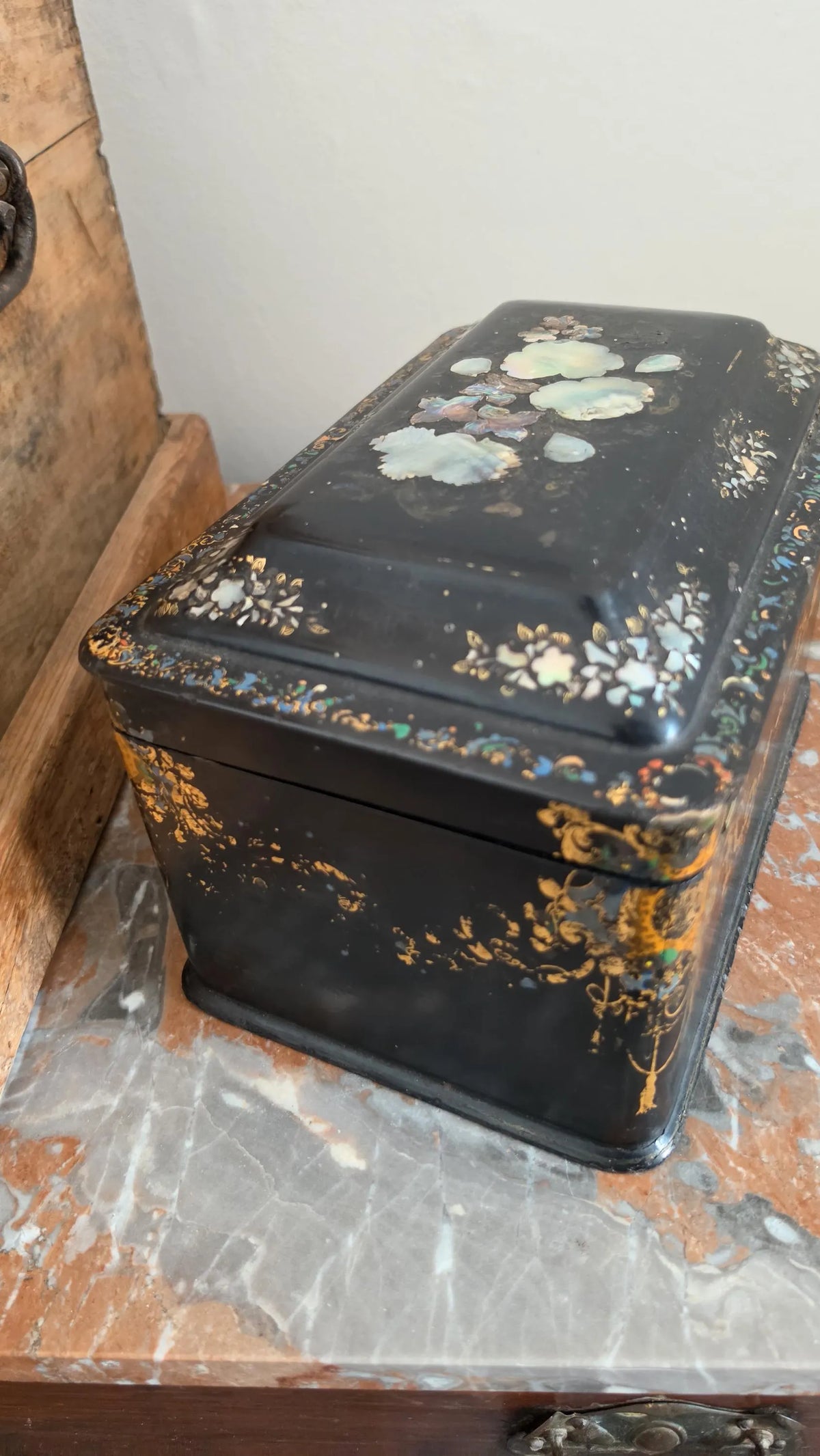 Antique Victorian Papier Mache Tea Caddy Mother of Pearl Inlay Black Lacquer Box Cut Crystal Mixing Bowl 19th Century - Image 10