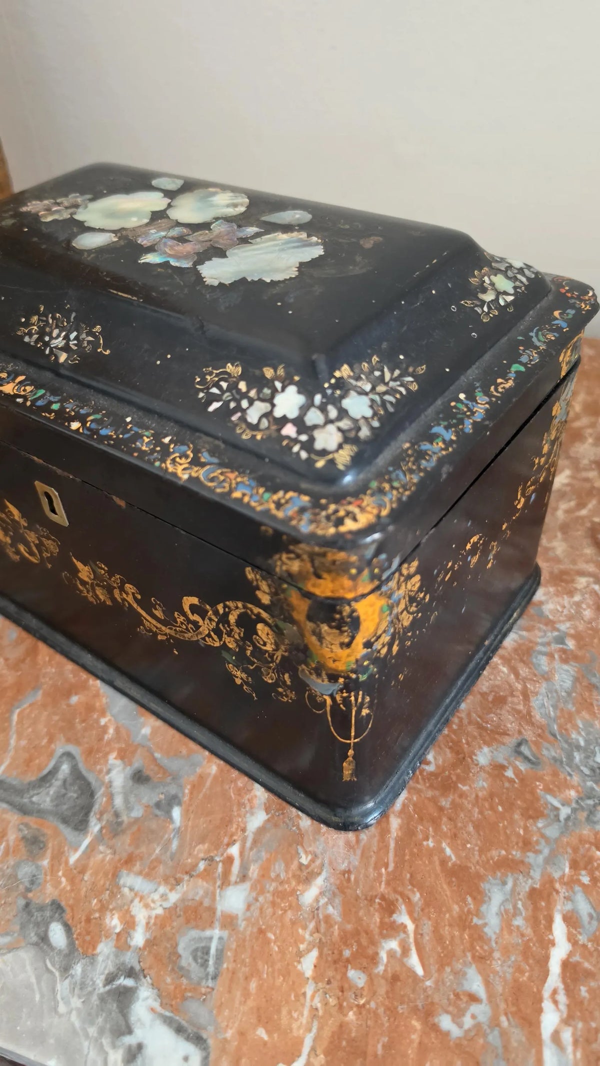 Antique Victorian Papier Mache Tea Caddy Mother of Pearl Inlay Black Lacquer Box Cut Crystal Mixing Bowl 19th Century - Image 12