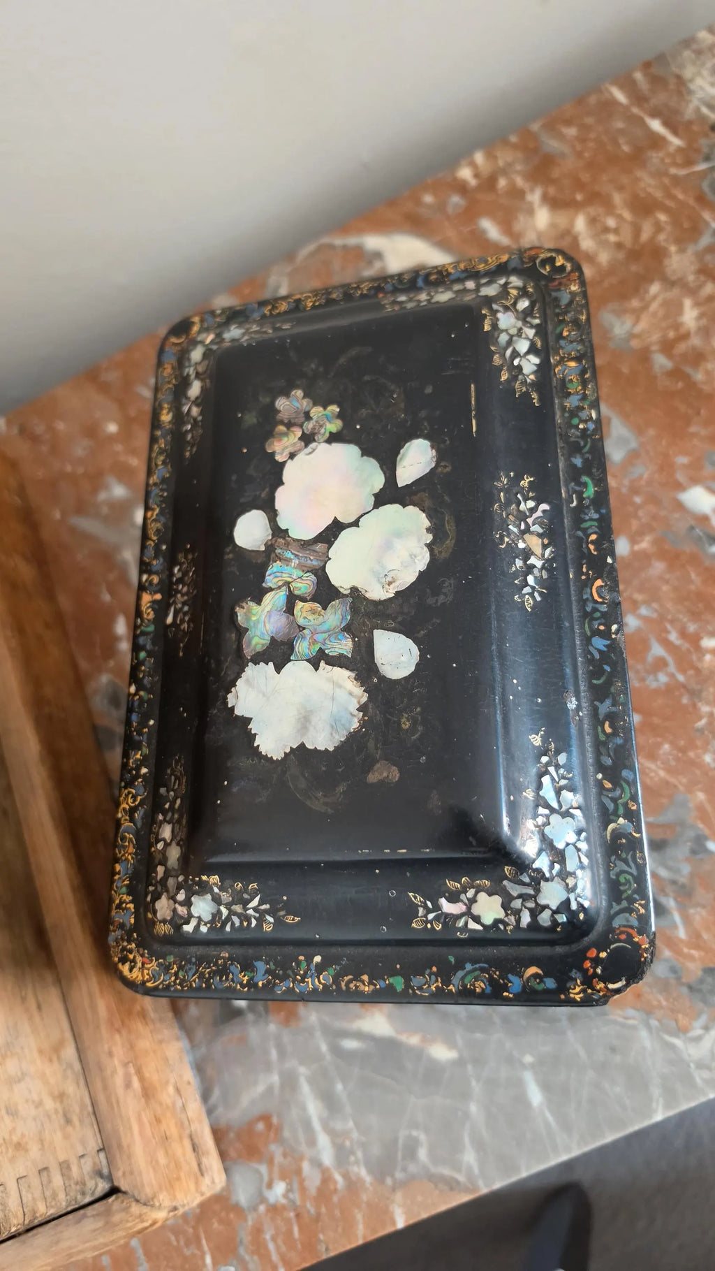 Antique Victorian Papier Mache Tea Caddy Mother of Pearl Inlay Black Lacquer Box Cut Crystal Mixing Bowl 19th Century - Image 11