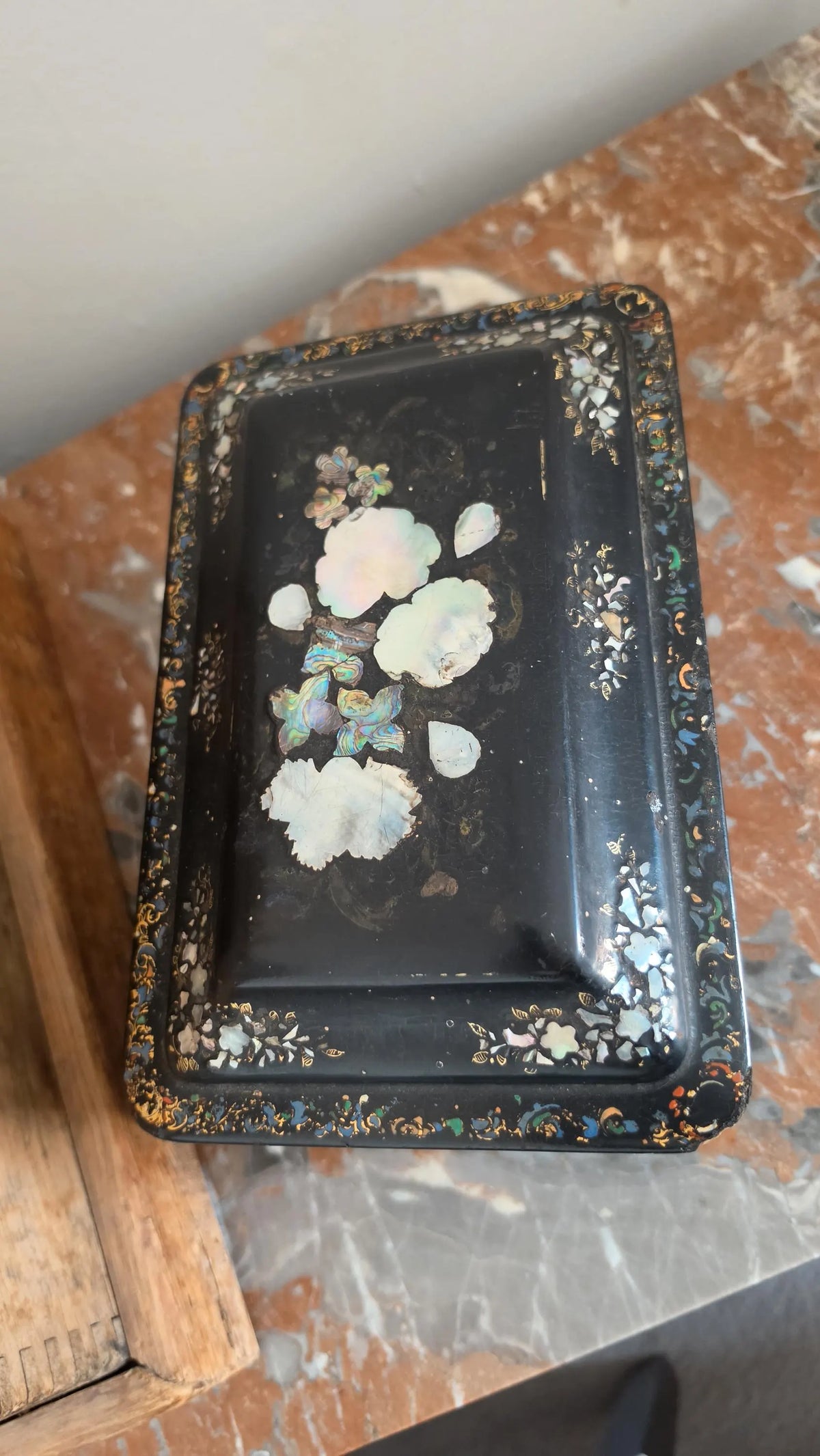 Antique Victorian Papier Mache Tea Caddy Mother of Pearl Inlay Black Lacquer Box Cut Crystal Mixing Bowl 19th Century - Image 11