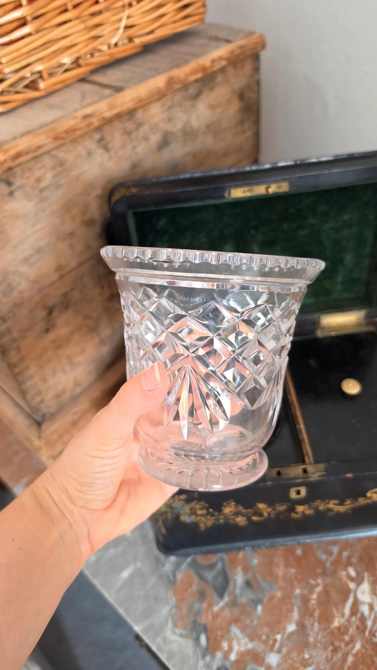 Antique Victorian Papier Mache Tea Caddy Mother of Pearl Inlay Black Lacquer Box Cut Crystal Mixing Bowl 19th Century - Image 14