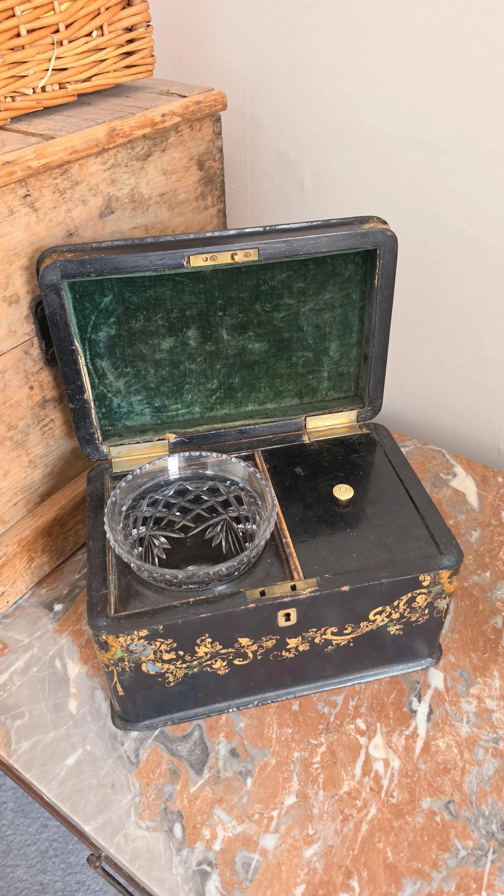 Antique Victorian Papier Mache Tea Caddy Mother of Pearl Inlay Black Lacquer Box Cut Crystal Mixing Bowl 19th Century - Image 13