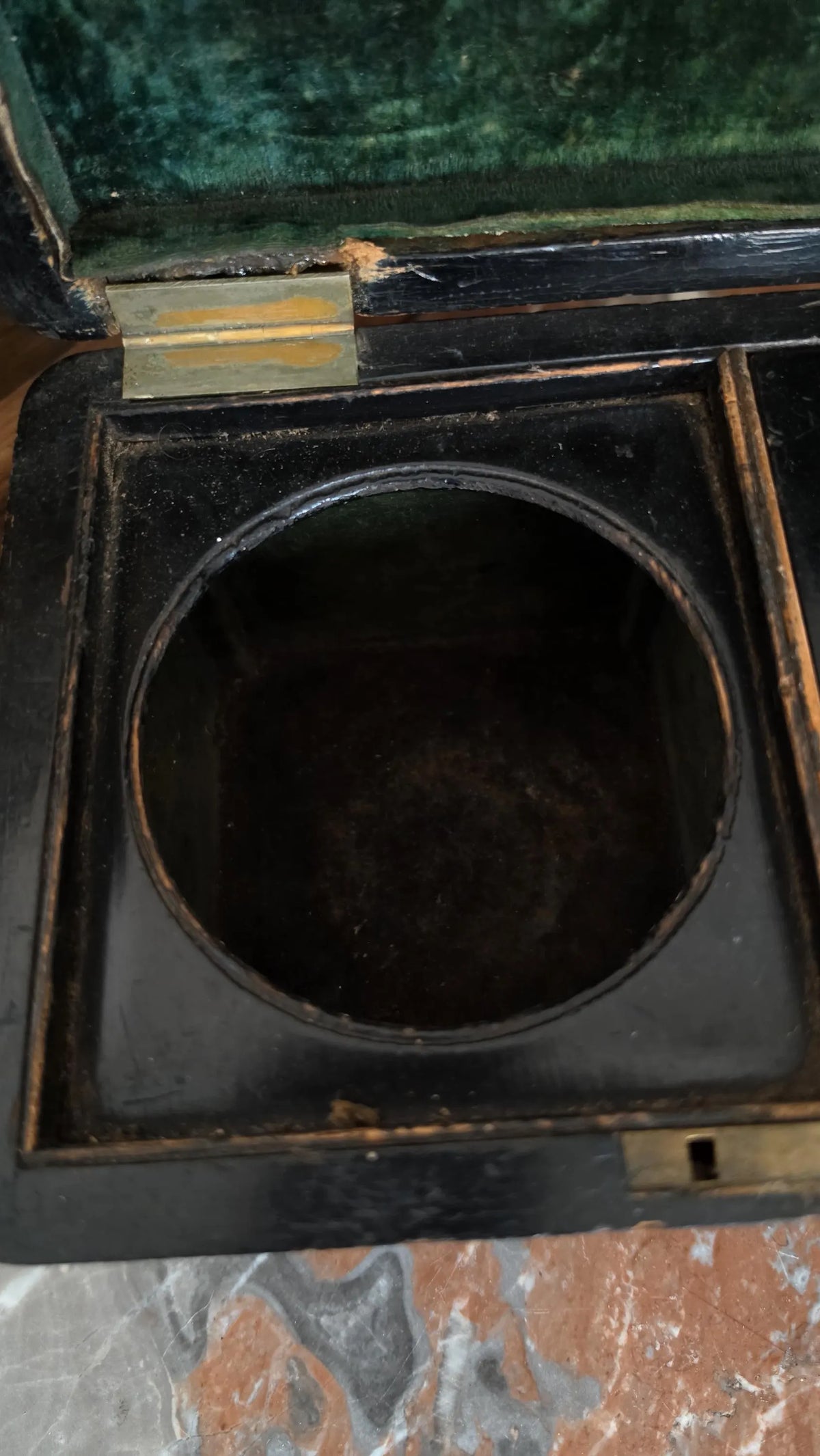 Antique Victorian Papier Mache Tea Caddy Mother of Pearl Inlay Black Lacquer Box Cut Crystal Mixing Bowl 19th Century - Image 16