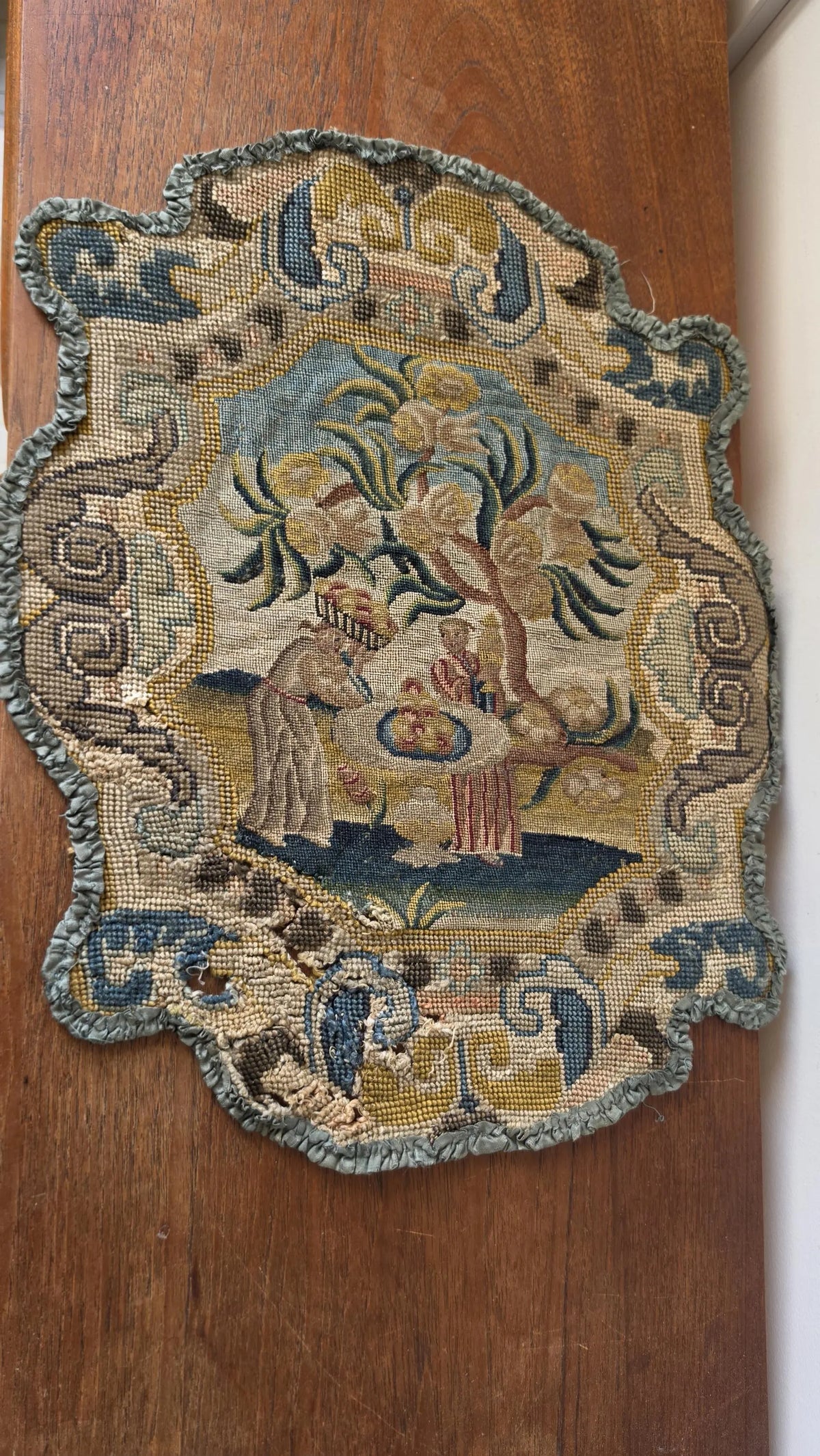 Antique French Petit Point & Gros Point Needlework Chair Back c1790 Silk Wool Figural Floral Tapestry Textile - Image 3