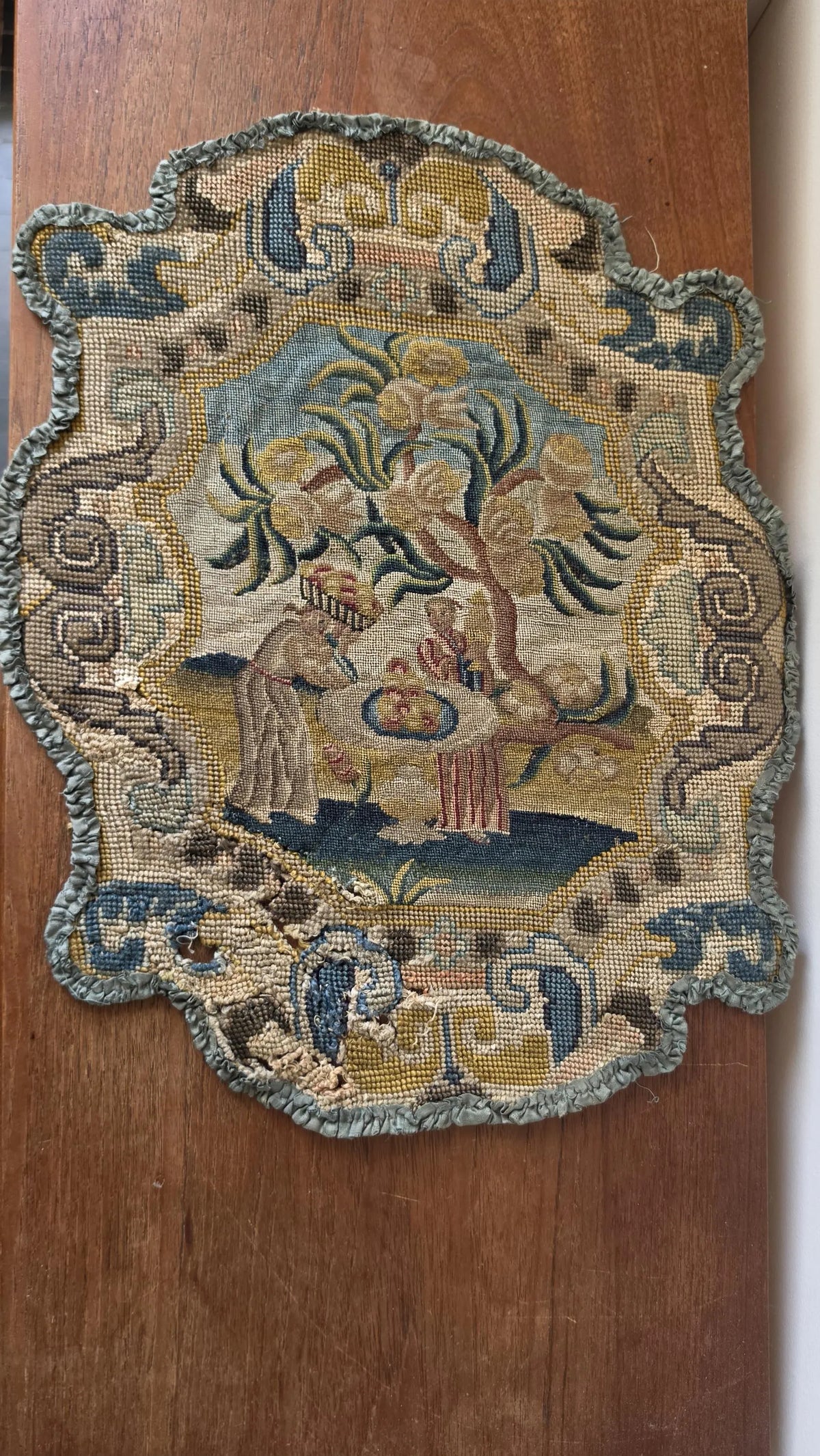 Antique French Petit Point & Gros Point Needlework Chair Back c1790 Silk Wool Figural Floral Tapestry Textile - Image 4