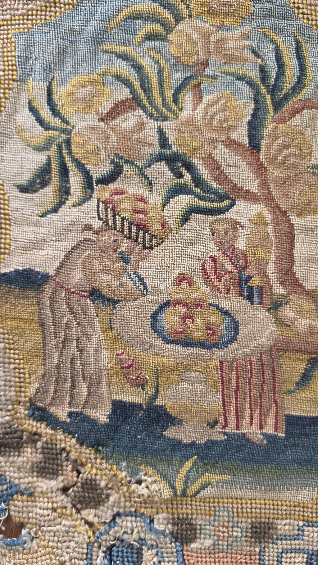 Antique French Petit Point & Gros Point Needlework Chair Back c1790 Silk Wool Figural Floral Tapestry Textile - Image 6