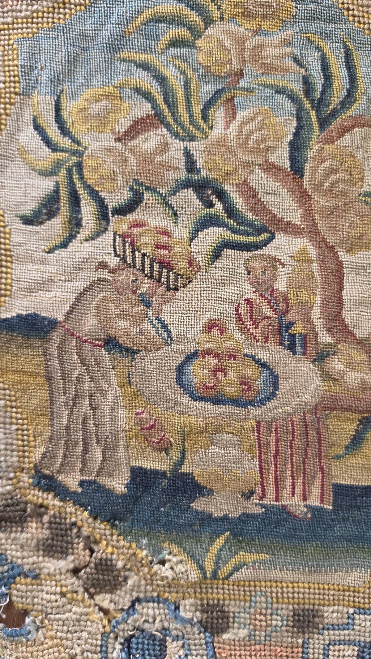 Antique French Petit Point & Gros Point Needlework Chair Back c1790 Silk Wool Figural Floral Tapestry Textile - Image 6