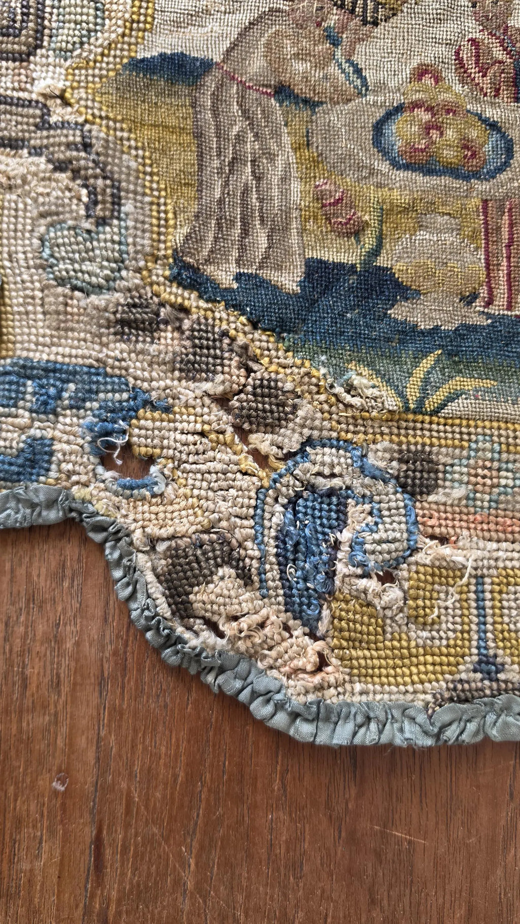 Antique French Petit Point & Gros Point Needlework Chair Back c1790 Silk Wool Figural Floral Tapestry Textile - Image 5