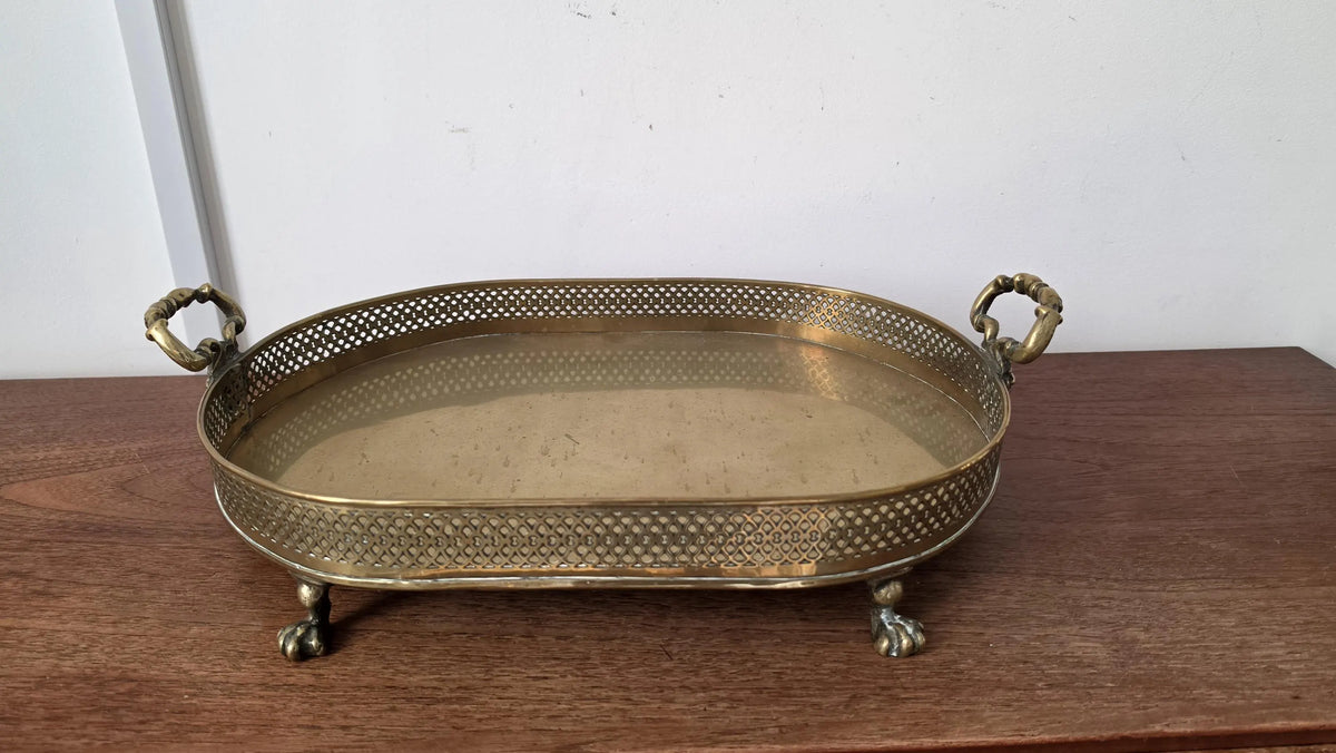 Vintage Brass Serving Tray Ornate Bacchus Handles Pierced Gallery Claw Feet Oval Vanity Bar Cart Cocktail Tray Hollywood Regency - Image 3