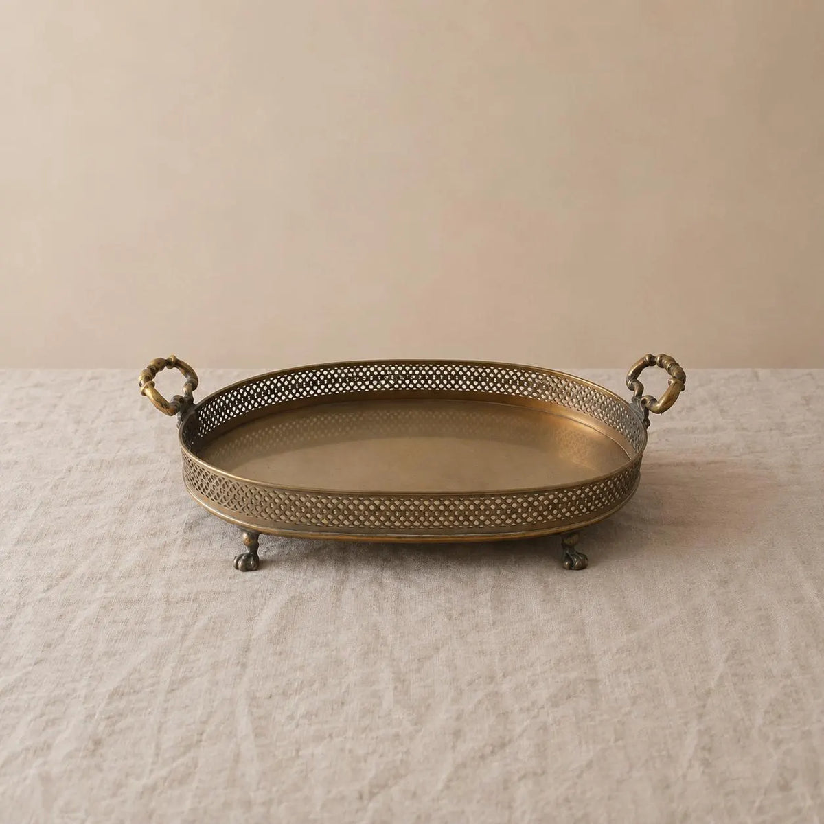 Vintage Brass Serving Tray Ornate Bacchus Handles Pierced Gallery Claw Feet Oval Vanity Bar Cart Cocktail Tray Hollywood Regency - Image 1
