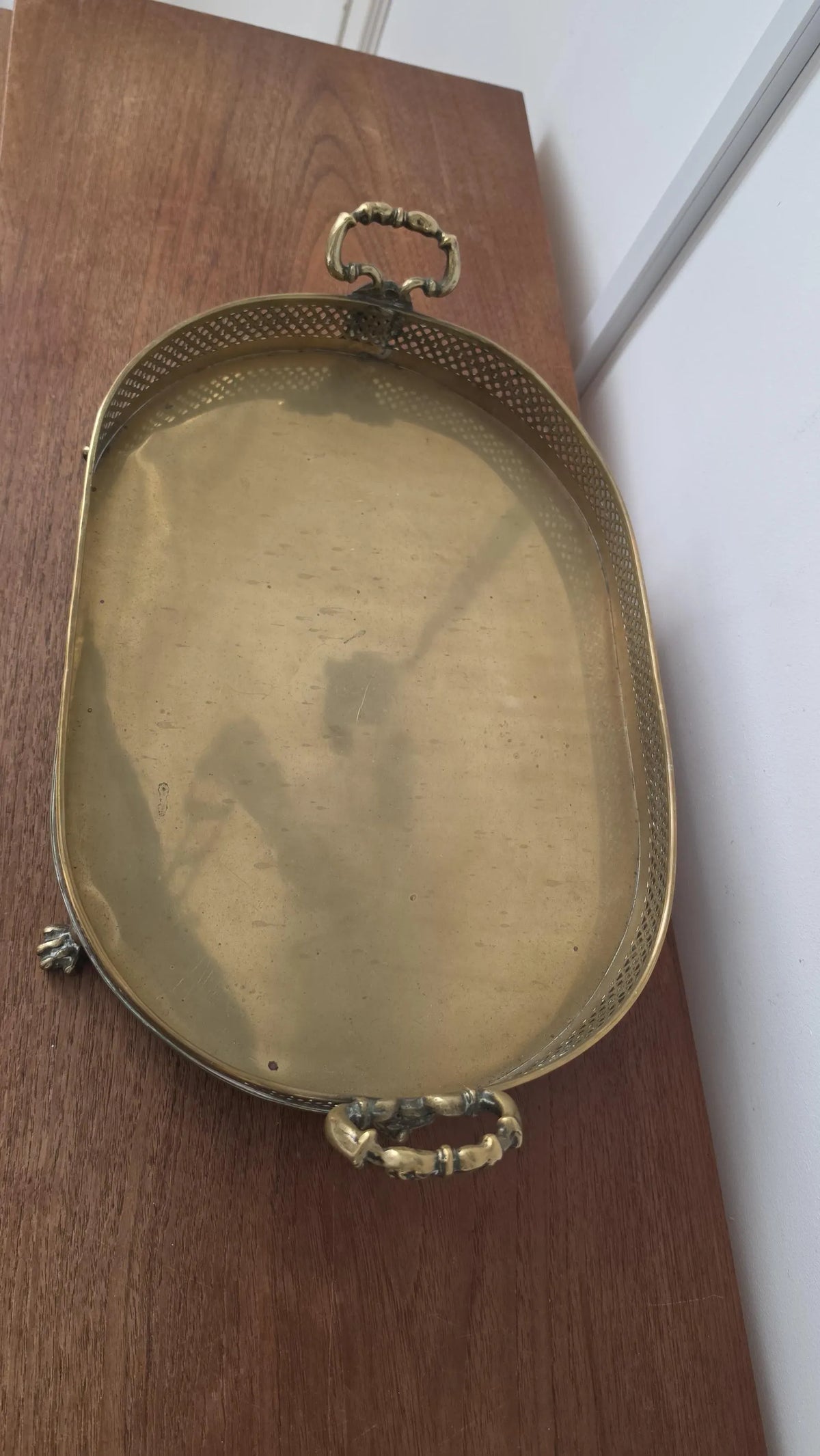 Vintage Brass Serving Tray Ornate Bacchus Handles Pierced Gallery Claw Feet Oval Vanity Bar Cart Cocktail Tray Hollywood Regency - Image 4